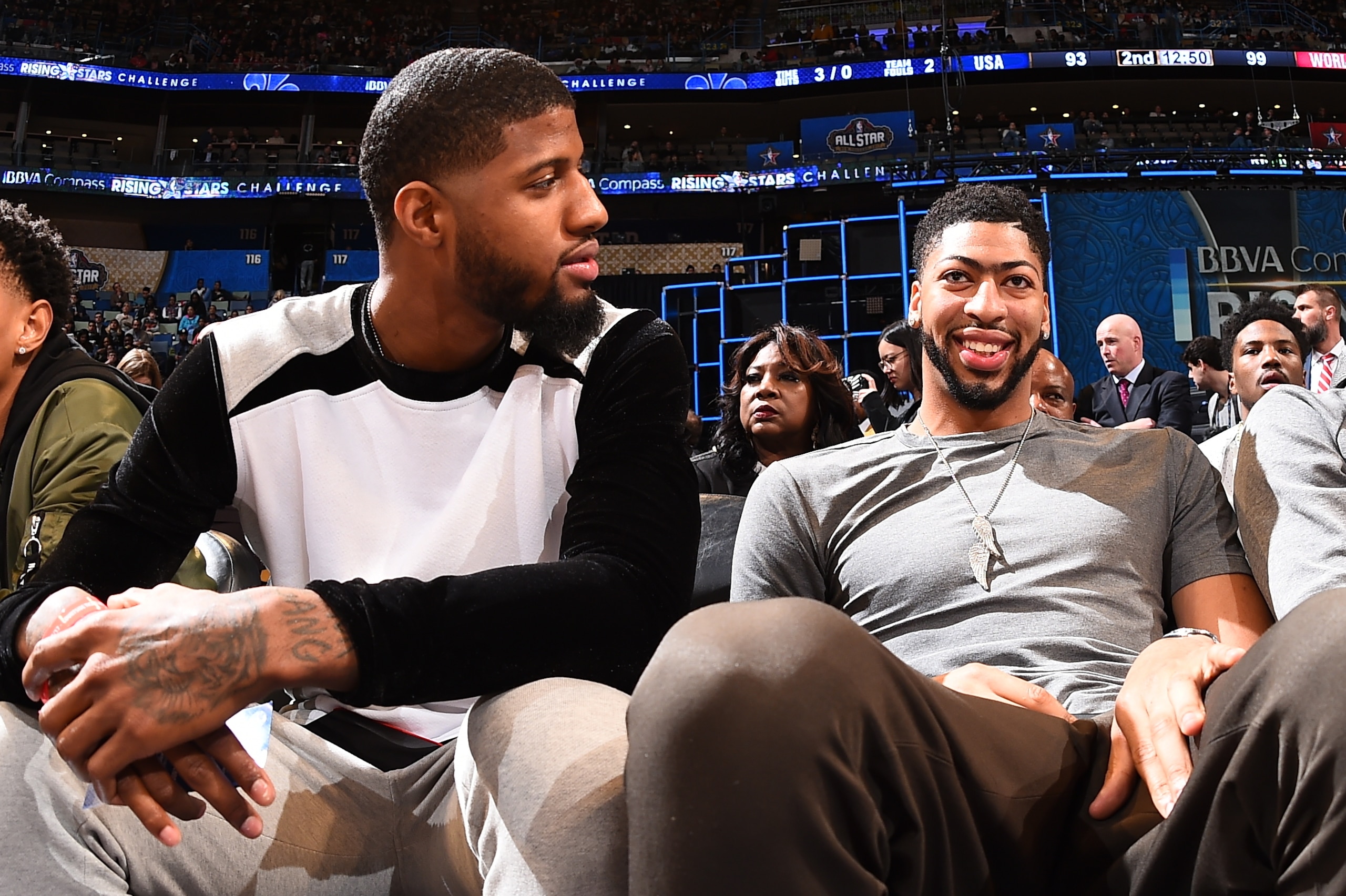 NEW ORLEANS, LA - FEBRUARY 17: Paul George #13 of the Indiana Pacers, Anthony Davis #23 of the New Orleans Pelicans, and Kyrie Irving #2 of the Cleveland Cavaliers during the BBVA Compass Rising Stars Challenge as part of 2017 All-Star Weekend at the Smo NEW ORLEANS, LA - FEBRUARY 17: Paul George #13 of the Indiana Pacers, Anthony Davis #23 of the New Orleans Pelicans, and Kyrie Irving #2 of the Cleveland Cavaliers during the BBVA Compass Rising Stars Challenge as part of 2017 All-Star Weekend at the Smo