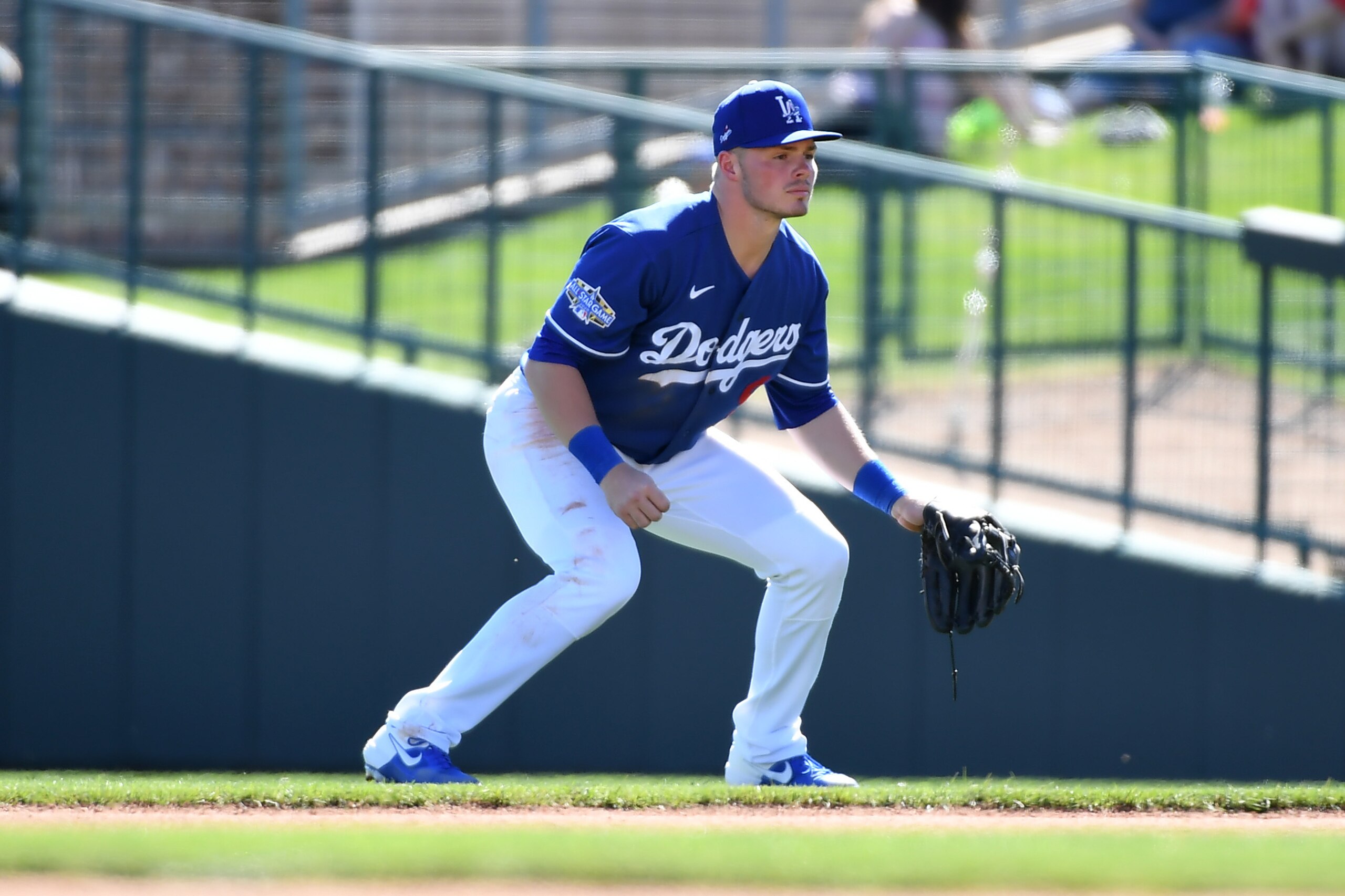 GLENDALE, ARIZONA - FEBRUARY 26: Gavin Lux #9 of the Los Angeles Dodgers gets ready to make a play during a spring training game against the Los Angeles Angels at Camelback Ranch on February 26, 2020 in Glendale, Arizona. (Photo by Norm Hall/Getty Images)
