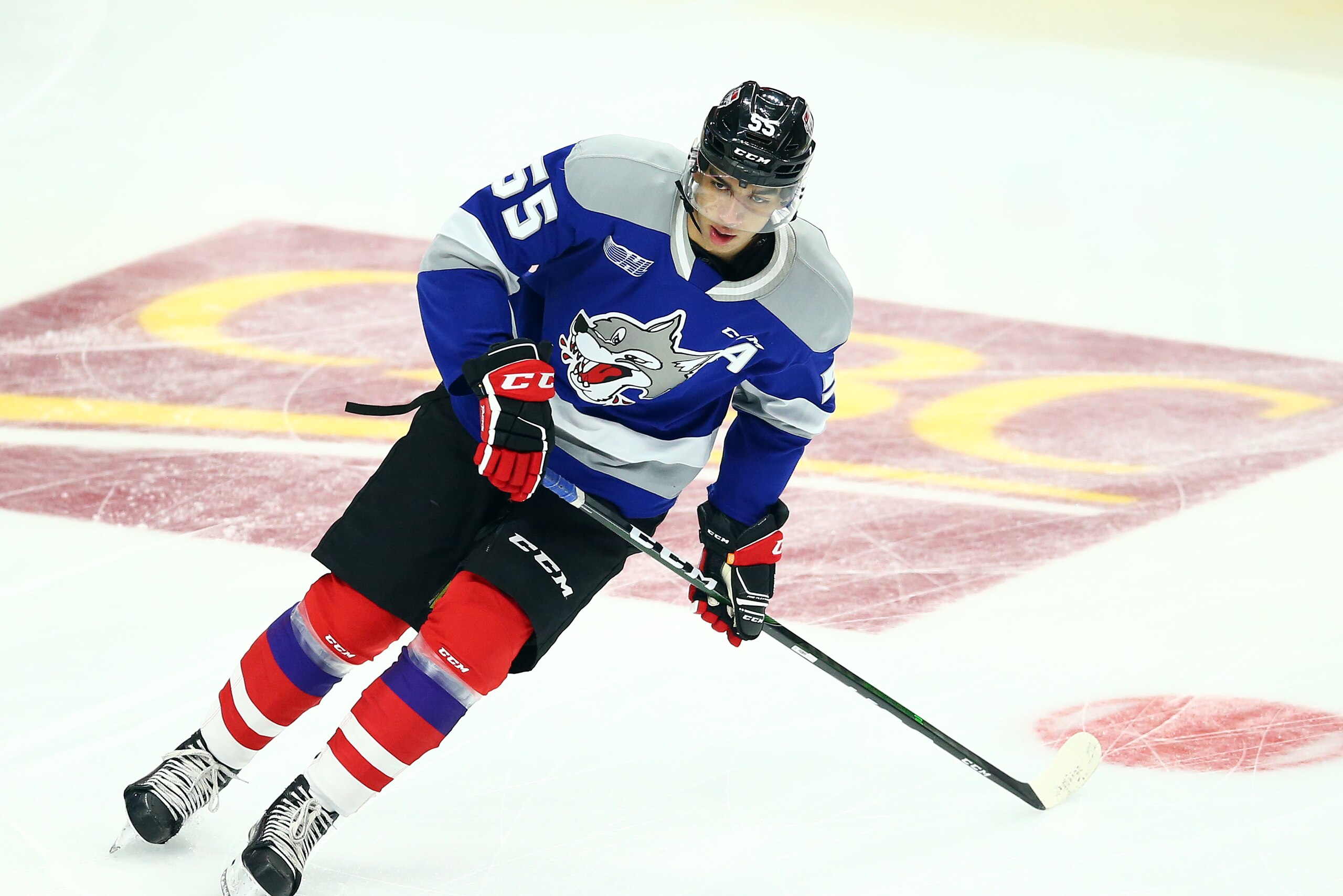 HAMILTON, ON - JANUARY 16:  Quinton Byfield #55 of Team Red skates during warm up for the 2020 CHL/NHL Top Prospects Game against Team White at FirstOntario Centre on January 16, 2020 in Hamilton, Canada.  (Photo by Vaughn Ridley/Getty Images)