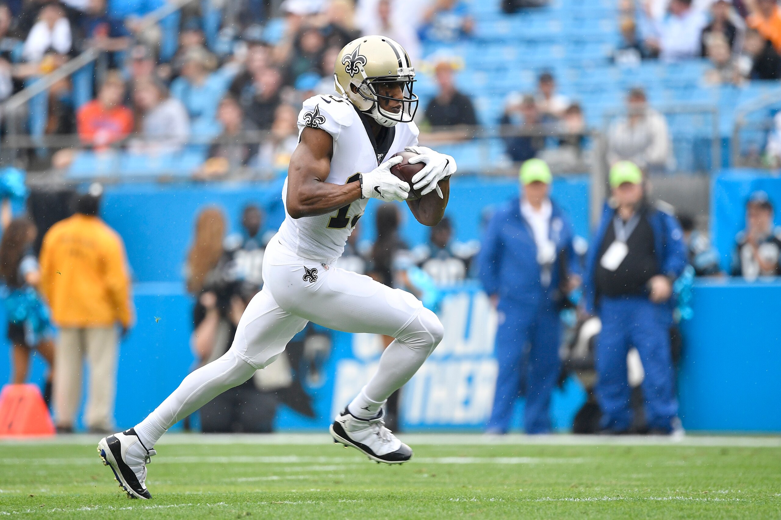 CHARLOTTE, NORTH CAROLINA - DECEMBER 29: Michael Thomas #13 of the New Orleans Saints reaks away from the Carolina Panthers defense during the first quarter of their game at Bank of America Stadium on December 29, 2019 in Charlotte, North Carolina. (Photo CHARLOTTE, NORTH CAROLINA - DECEMBER 29: Michael Thomas #13 of the New Orleans Saints reaks away from the Carolina Panthers defense during the first quarter of their game at Bank of America Stadium on December 29, 2019 in Charlotte, North Carolina. (Photo