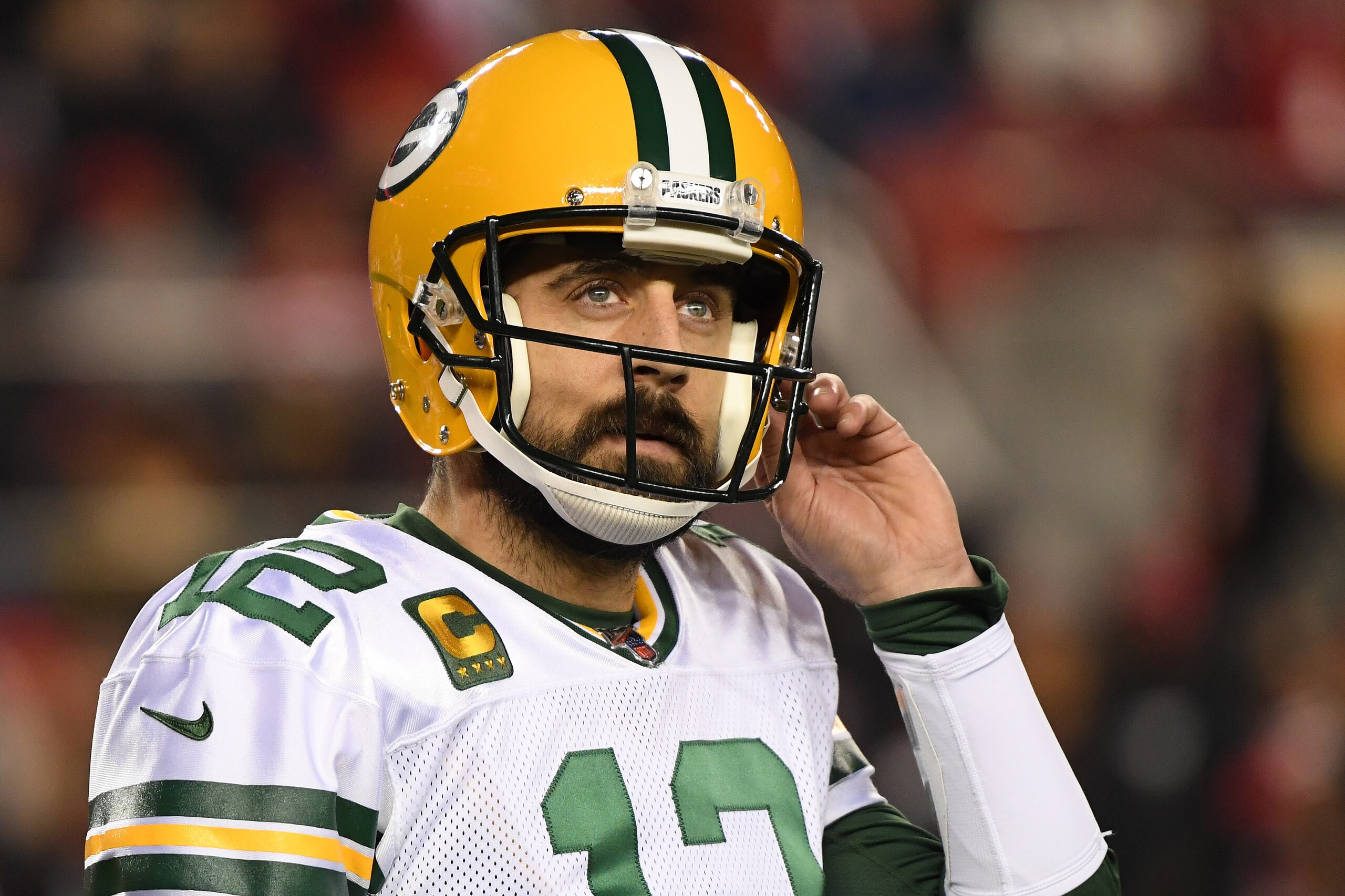 SANTA CLARA, CALIFORNIA - JANUARY 19: Aaron Rodgers #12 of the Green Bay Packers reacts after a play against the San Francisco 49ers during the NFC Championship game at Levi's Stadium on January 19, 2020 in Santa Clara, California. (Photo by Harry How/Get SANTA CLARA, CALIFORNIA - JANUARY 19: Aaron Rodgers #12 of the Green Bay Packers reacts after a play against the San Francisco 49ers during the NFC Championship game at Levi's Stadium on January 19, 2020 in Santa Clara, California. (Photo by Harry How/Get