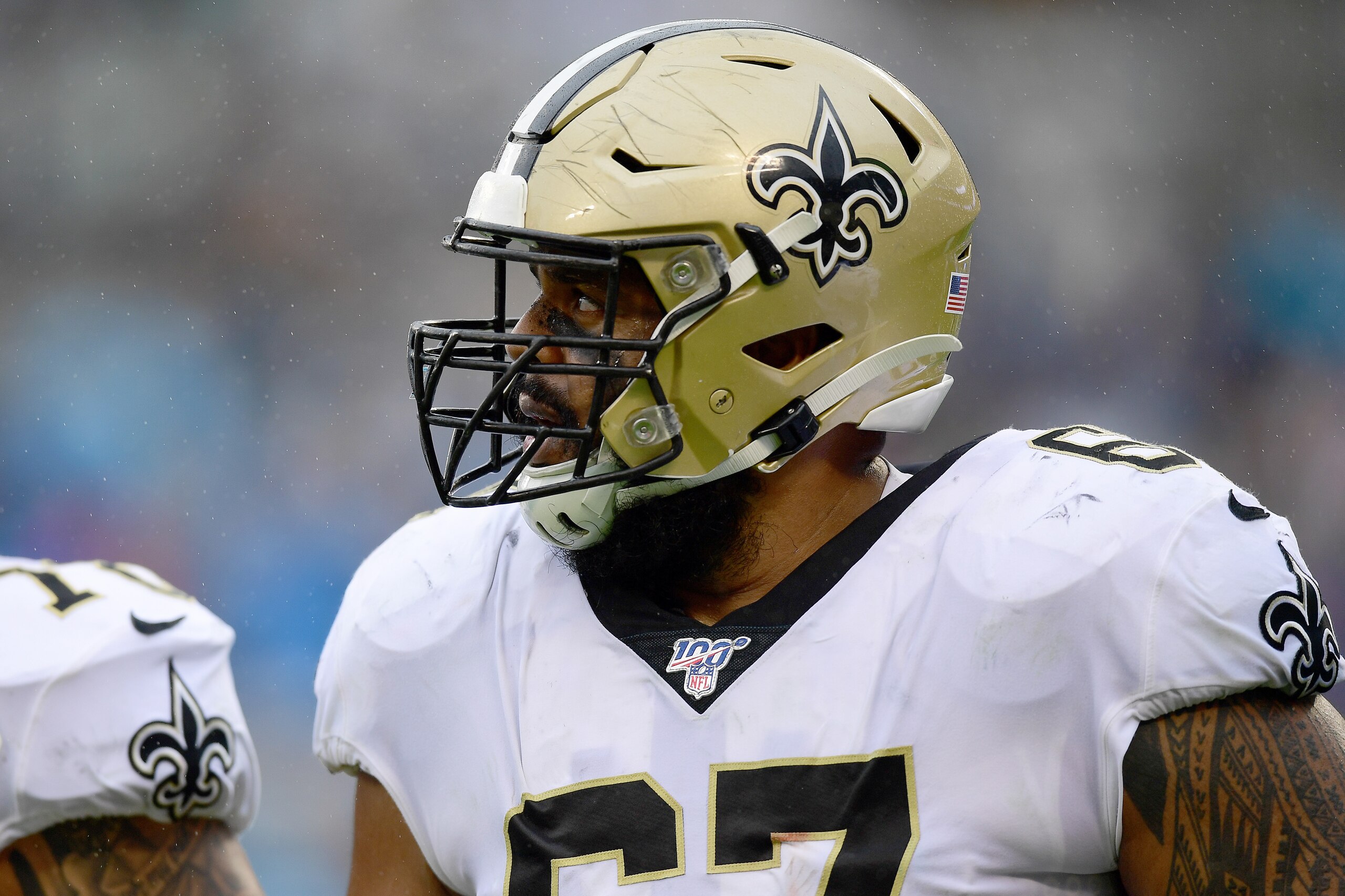 CHARLOTTE, NORTH CAROLINA - DECEMBER 29: Larry Warford #67 of the New Orleans Saints during the first half during their game against the Carolina Panthers at Bank of America Stadium on December 29, 2019 in Charlotte, North Carolina. (Photo by Jacob Kupfer CHARLOTTE, NORTH CAROLINA - DECEMBER 29: Larry Warford #67 of the New Orleans Saints during the first half during their game against the Carolina Panthers at Bank of America Stadium on December 29, 2019 in Charlotte, North Carolina. (Photo by Jacob Kupfer