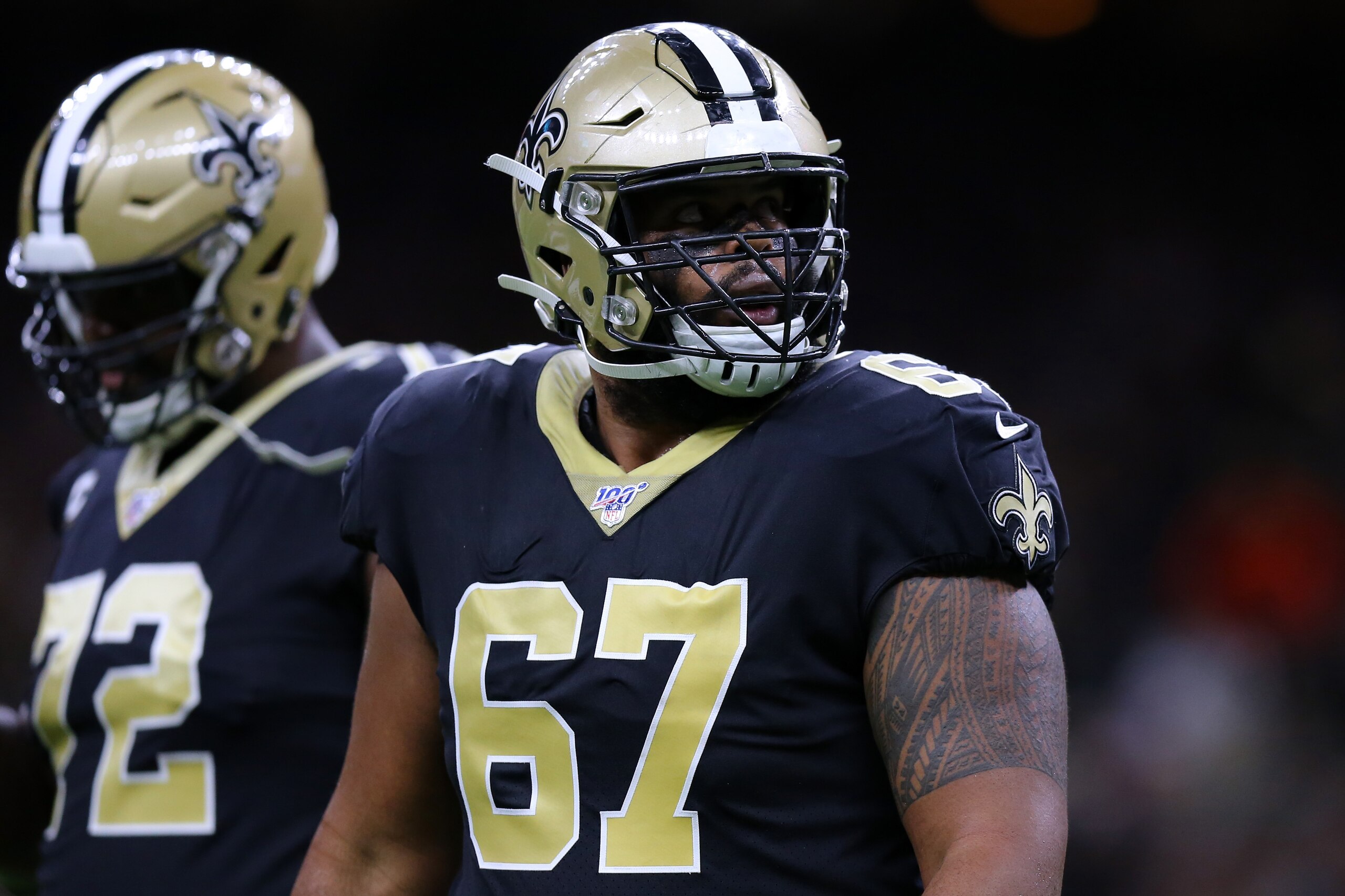 NEW ORLEANS, LOUISIANA - OCTOBER 27: Larry Warford #67 of the New Orleans Saints reacts during a game against the Arizona Cardinals at the Mercedes Benz Superdome on October 27, 2019 in New Orleans, Louisiana. (Photo by Jonathan Bachman/Getty Images) NEW ORLEANS, LOUISIANA - OCTOBER 27: Larry Warford #67 of the New Orleans Saints reacts during a game against the Arizona Cardinals at the Mercedes Benz Superdome on October 27, 2019 in New Orleans, Louisiana. (Photo by Jonathan Bachman/Getty Images)
