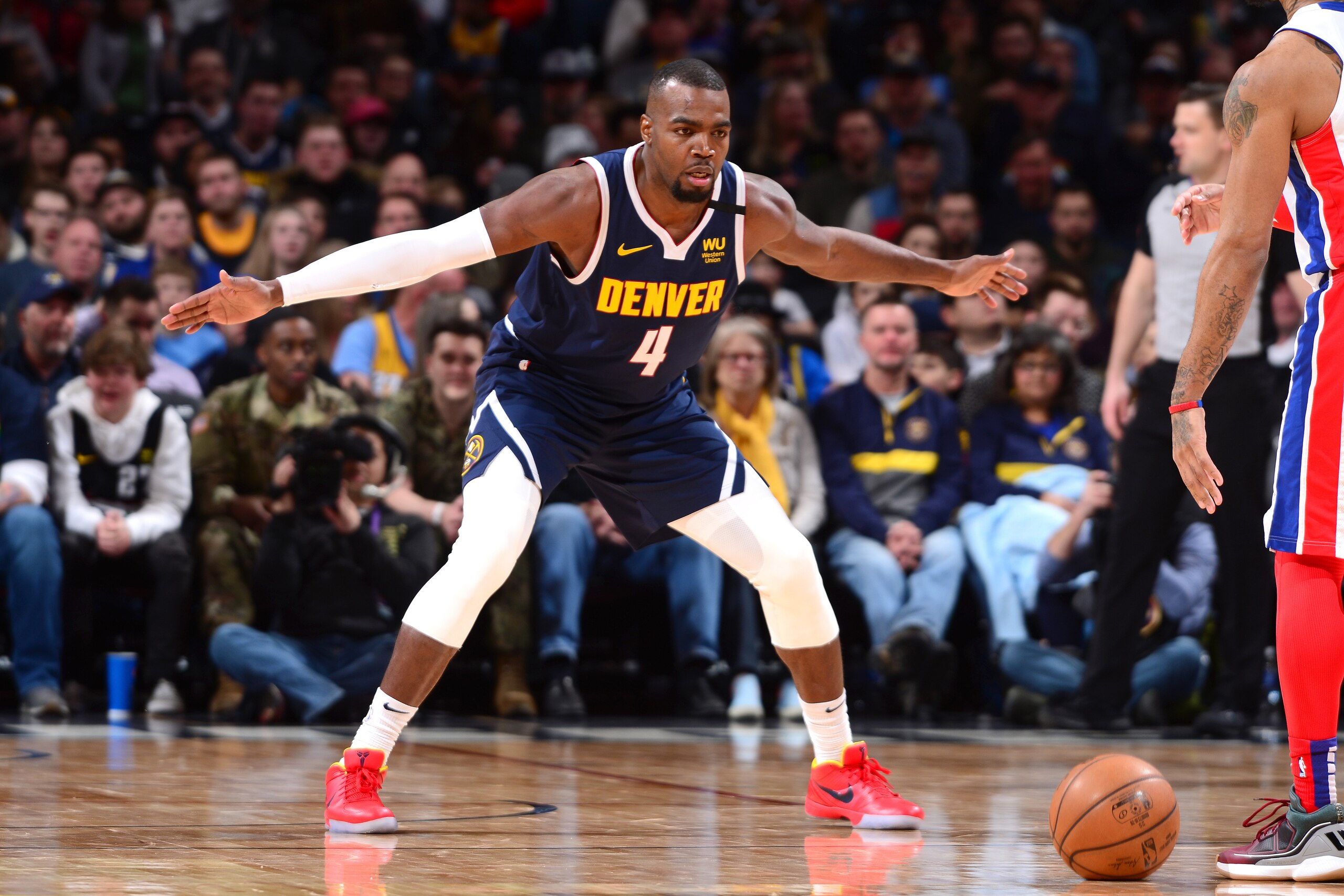 DENVER, CO - FEBRUARY 25: Paul Millsap #4 of the Denver Nuggets plays defense against the Detroit Pistons on February 25, 2020 at the Pepsi Center in Denver, Colorado. NOTE TO USER: User expressly acknowledges and agrees that, by downloading and/or using DENVER, CO - FEBRUARY 25: Paul Millsap #4 of the Denver Nuggets plays defense against the Detroit Pistons on February 25, 2020 at the Pepsi Center in Denver, Colorado. NOTE TO USER: User expressly acknowledges and agrees that, by downloading and/or using