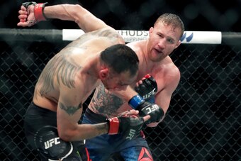 Justin Gaethje (right) hits Tony Ferguson at UFC 249.