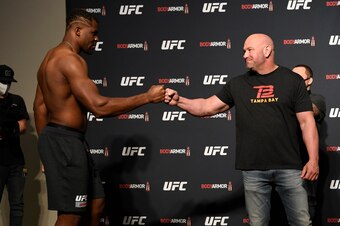 JACKSONVILLE, FLORIDA - MAY 08: UFC president Dana White greets Francis Ngannou of Cameroon during the UFC 249 official weigh-in on May 08, 2020 in Jacksonville, Florida. (Photo by Mike Roach/Zuffa LLC)