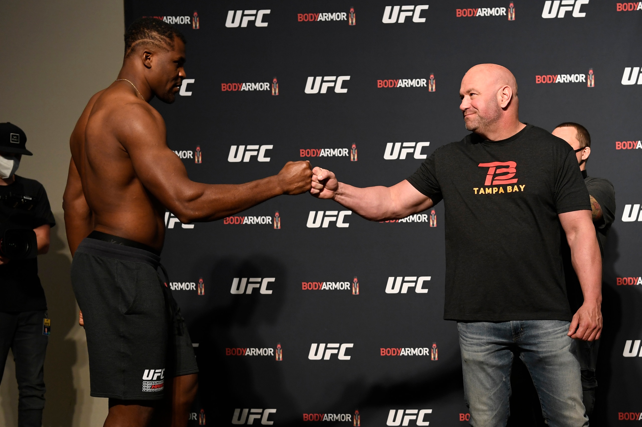 JACKSONVILLE, FLORIDA - MAY 08: UFC president Dana White greets Francis Ngannou of Cameroon during the UFC 249 official weigh-in on May 08, 2020 in Jacksonville, Florida. (Photo by Mike Roach/Zuffa LLC) JACKSONVILLE, FLORIDA - MAY 08: UFC president Dana White greets Francis Ngannou of Cameroon during the UFC 249 official weigh-in on May 08, 2020 in Jacksonville, Florida. (Photo by Mike Roach/Zuffa LLC)