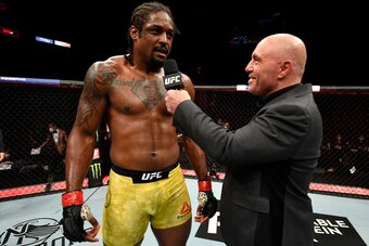 JACKSONVILLE, FLORIDA - MAY 09: Ryan Spann is interviewed by Joe Rogan after his victory over \ in their light heavyweight fight during the UFC 249 event at VyStar Veterans Memorial Arena on May 09, 2020 in Jacksonville, Florida. (Photo by Jeff Bottari/Zu