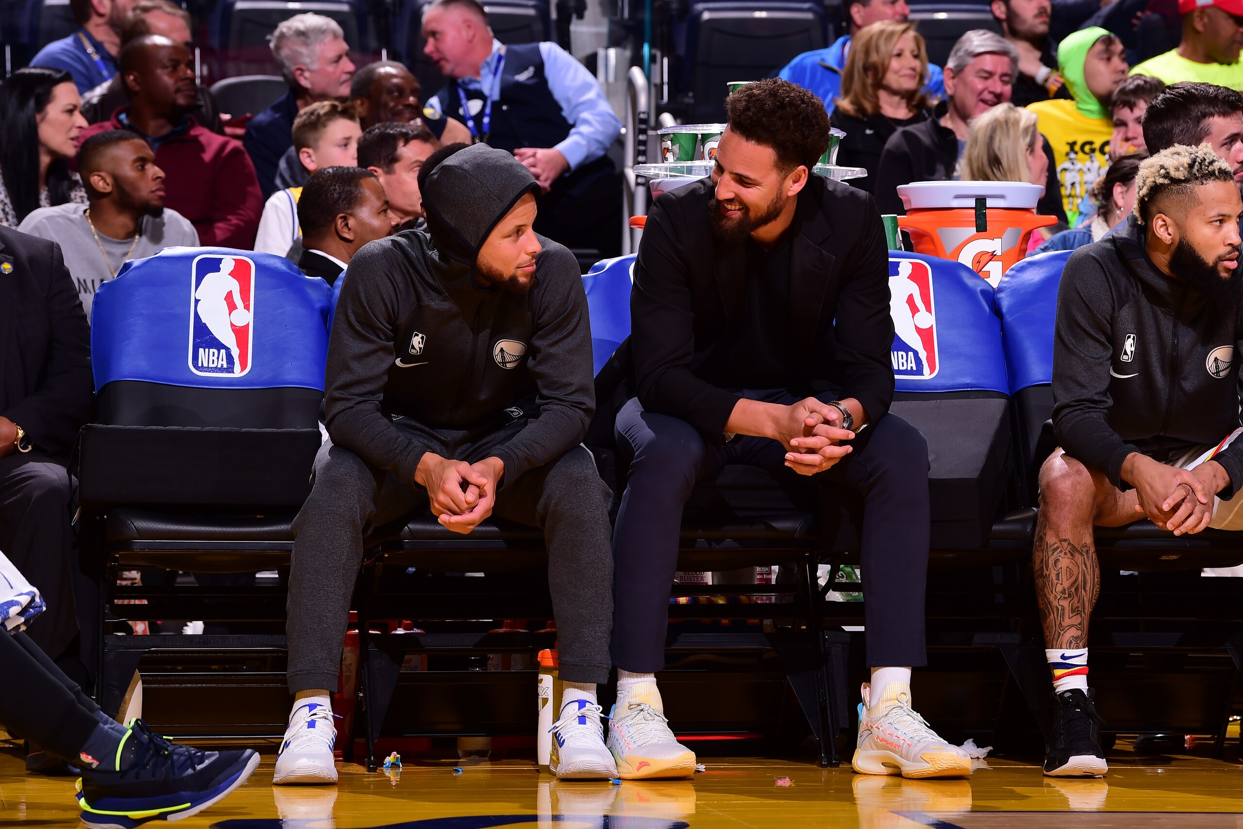 SAN FRANCISCO, CA - FEBRUARY 20: Stephen Curry #30 shares a conversation with teammate, Klay Thompson #11of the Golden State Warriors during the game against the Houston Rockets on February 20, 2020 at Chase Center in San Francisco, California. NOTE TO US SAN FRANCISCO, CA - FEBRUARY 20: Stephen Curry #30 shares a conversation with teammate, Klay Thompson #11of the Golden State Warriors during the game against the Houston Rockets on February 20, 2020 at Chase Center in San Francisco, California. NOTE TO US