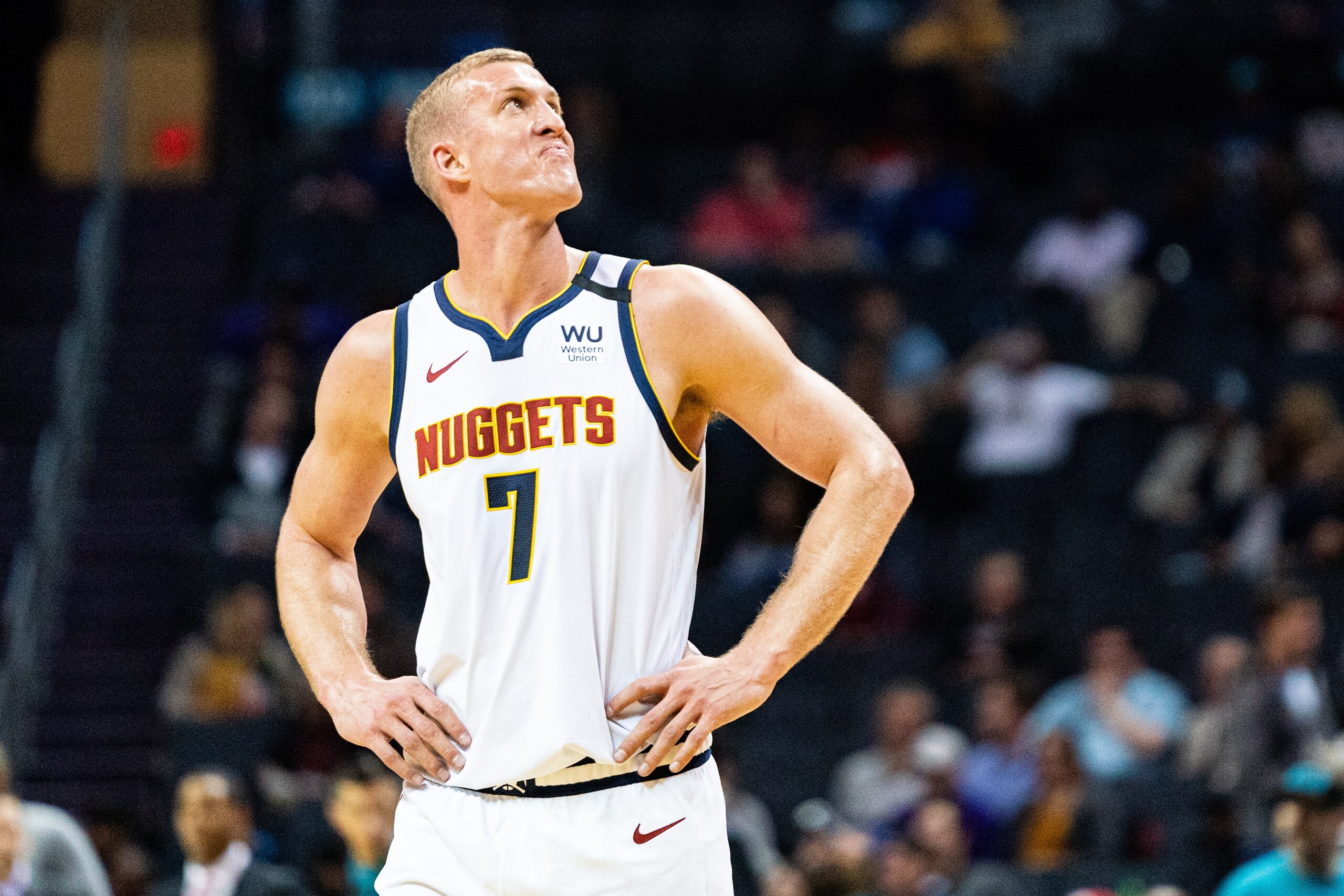 CHARLOTTE, NORTH CAROLINA - MARCH 05: Mason Plumlee #7 of the Denver Nuggets during the second quarter during their game against the Charlotte Hornets at Spectrum Center on March 05, 2020 in Charlotte, North Carolina. NOTE TO USER: User expressly acknowle CHARLOTTE, NORTH CAROLINA - MARCH 05: Mason Plumlee #7 of the Denver Nuggets during the second quarter during their game against the Charlotte Hornets at Spectrum Center on March 05, 2020 in Charlotte, North Carolina. NOTE TO USER: User expressly acknowle