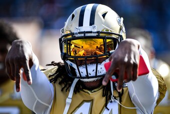 ORLANDO, FLORIDA - JANUARY 26: Alvin Kamara #41 of the New Orleans Saints points to the photographers as he is introduced before the 2020 NFL Pro Bowl at Camping World Stadium on January 26, 2020 in Orlando, Florida. (Photo by Mark Brown/Getty Images)