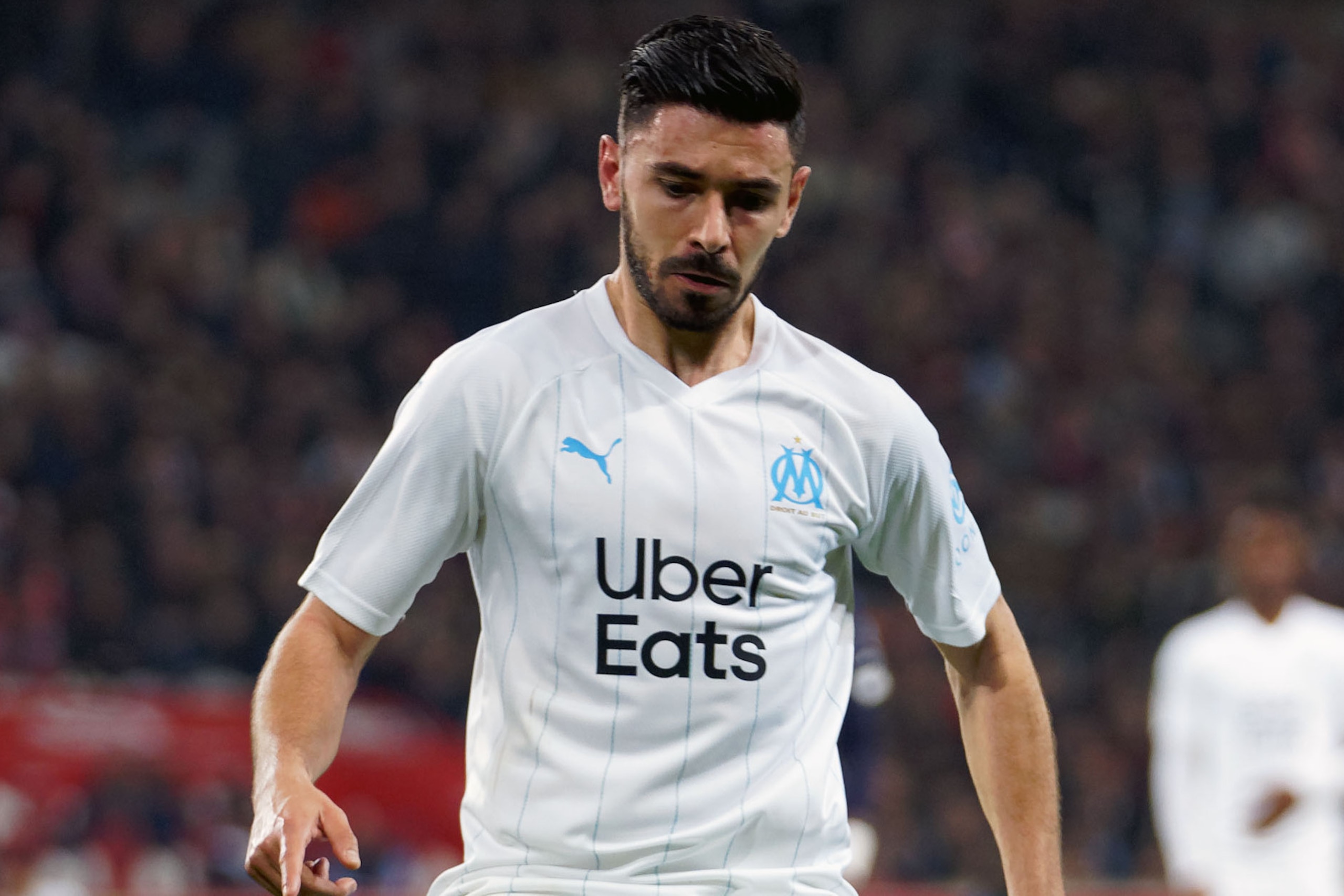 LILLE, FRANCE - FEBRUARY 16: Marseille's Morgan Sanson during the Ligue 1 match between Lille OSC and Olympique Marseille at Stade Pierre Mauroy on February 16, 2020 in Lille, France. (Photo by Sylvain Lefevre/Getty Images)