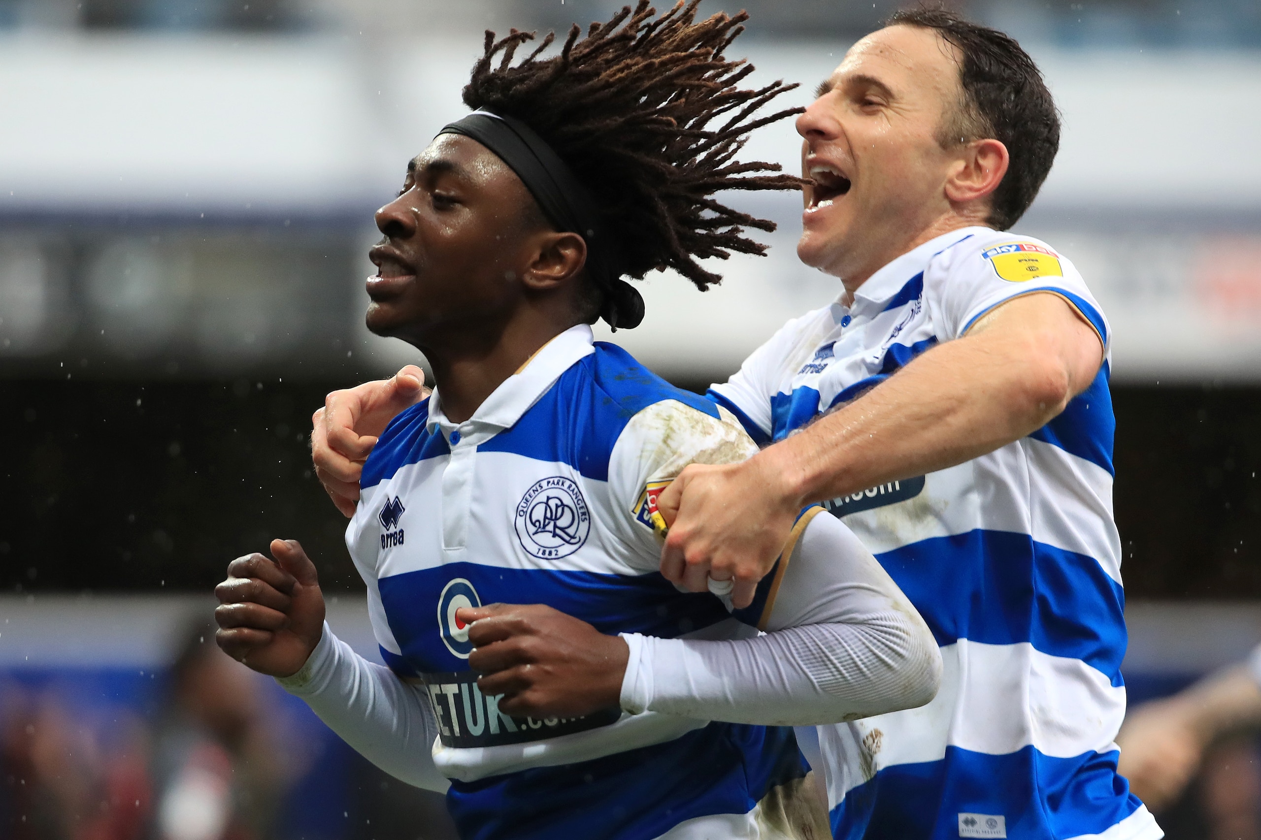 LONDON, ENGLAND - FEBRUARY 15: Eberechi Eze of Queens Park Rangers celebrates after scoring his team's second goal during the Sky Bet Championship match between Queens Park Rangers and Stoke City at The Kiyan Prince Foundation Stadium on February 15, 2020