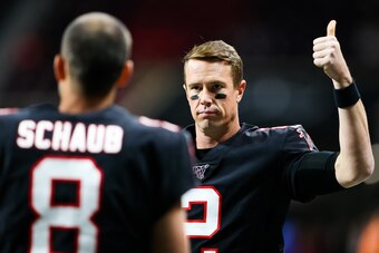 ATLANTA, GA - NOVEMBER 28: Matt Ryan #2 looks towards Matt Schaub #8 of the Atlanta Falcons prior to a game against the New Orleans Saints at Mercedes-Benz Stadium on November 28, 2019 in Atlanta, Georgia. (Photo by Carmen Mandato/Getty Images)