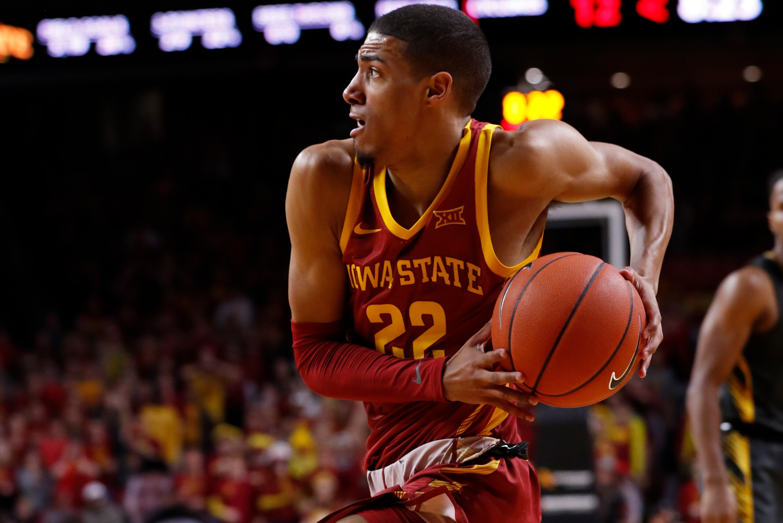 AMES, IA - DECEMBER 12: Tyrese Haliburton #22 of the Iowa State Cyclones drives the ball in the first half of play against the Iowa Hawkeyes at Hilton Coliseum on December 12, 2019 in Ames, Iowa. The Iowa Hawkeyes won 84-68 over the Iowa State Cyclones. ( AMES, IA - DECEMBER 12: Tyrese Haliburton #22 of the Iowa State Cyclones drives the ball in the first half of play against the Iowa Hawkeyes at Hilton Coliseum on December 12, 2019 in Ames, Iowa. The Iowa Hawkeyes won 84-68 over the Iowa State Cyclones. (