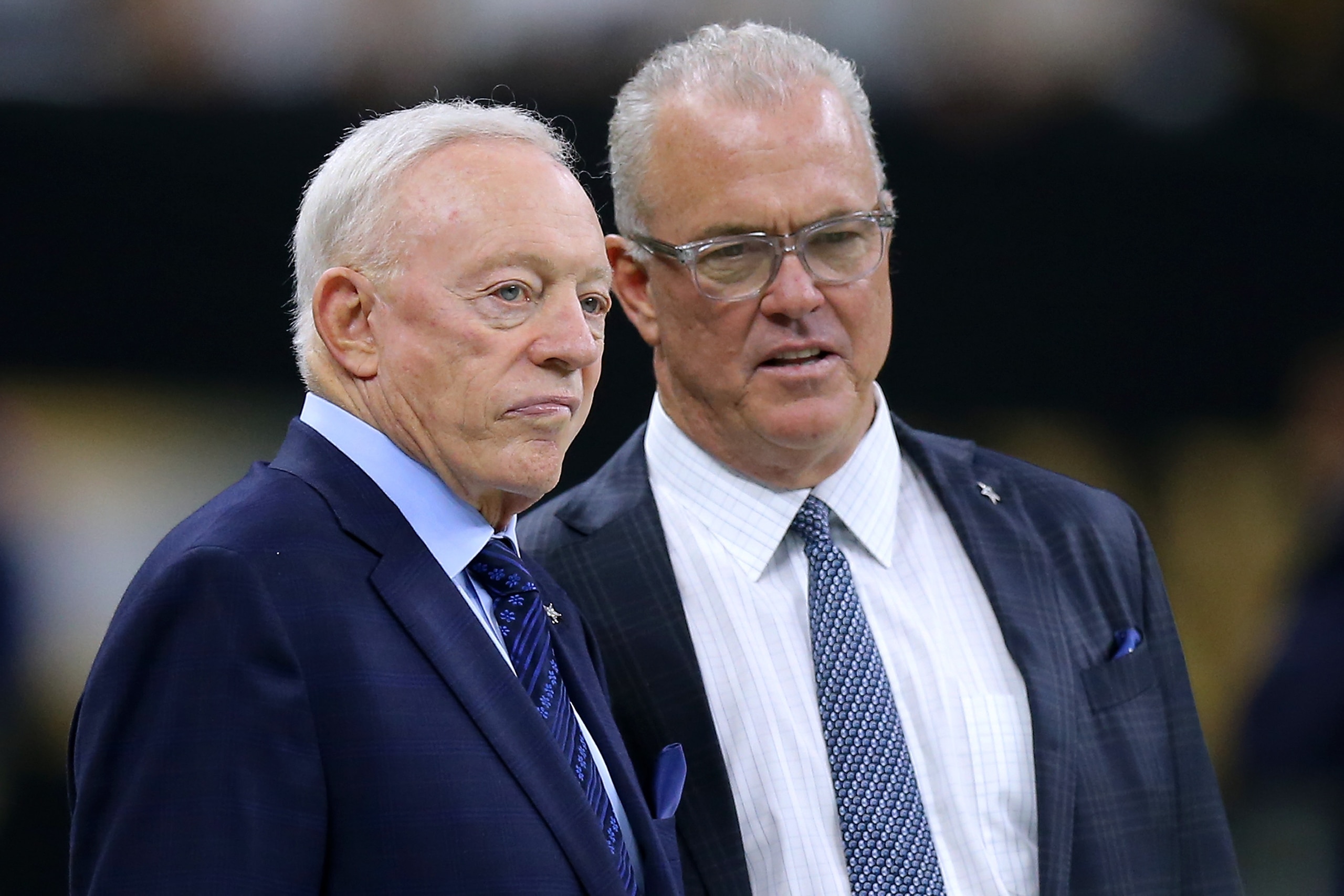 NEW ORLEANS, LOUISIANA - SEPTEMBER 29: Owner Jerry Jones of the Dallas Cowboys and Executive Vice President Stephen Jones talk before a game against the New Orleans Saints at the Mercedes Benz Superdome on September 29, 2019 in New Orleans, Louisiana. (Ph NEW ORLEANS, LOUISIANA - SEPTEMBER 29: Owner Jerry Jones of the Dallas Cowboys and Executive Vice President Stephen Jones talk before a game against the New Orleans Saints at the Mercedes Benz Superdome on September 29, 2019 in New Orleans, Louisiana. (Ph