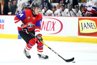 HAMILTON, ON - JANUARY 16:  Jeremie Poirier #54 of Team Red skates during the 2020 CHL/NHL Top Prospects Game against Team White at FirstOntario Centre on January 16, 2020 in Hamilton, Canada.  (Photo by Vaughn Ridley/Getty Images)