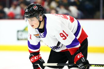 HAMILTON, ON - JANUARY 16:  Cole Perfetti #91 of Team White skates during the 2020 CHL/NHL Top Prospects Game against Team Red at FirstOntario Centre on January 16, 2020 in Hamilton, Canada.  (Photo by Vaughn Ridley/Getty Images)