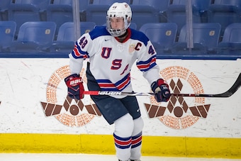 PLYMOUTH, MI - DECEMBER 11: Jake Sanderson #48 of the U.S. Nationals follows the play against the Slovakia Nationals during game two of day one of the 2018 Under-17 Four Nations Tournament game at USA Hockey Arena on December 11, 2018 in Plymouth, Michiga