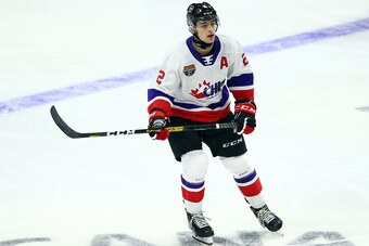 HAMILTON, ON - JANUARY 16:  Braden Schneider #2 of Team White skates during the 2020 CHL/NHL Top Prospects Game against Team Red at FirstOntario Centre on January 16, 2020 in Hamilton, Canada.  (Photo by Vaughn Ridley/Getty Images)