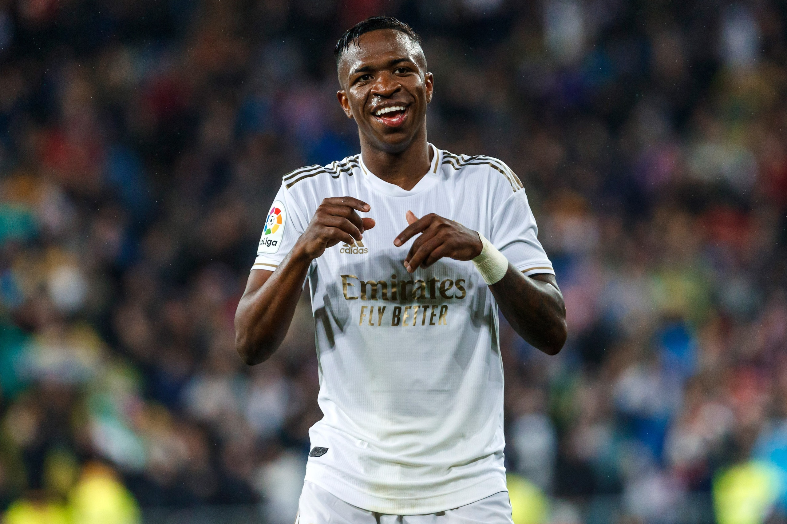 MADRID, SPAIN - MARCH 01: (BILD ZEITUNG OUT) Vinicius Junior of Real Madrid celebrates after scoring his team's first goal during the Liga match between Real Madrid CF and FC Barcelona at Estadio Santiago Bernabeu on March 1, 2020 in Madrid, Spain. (Photo