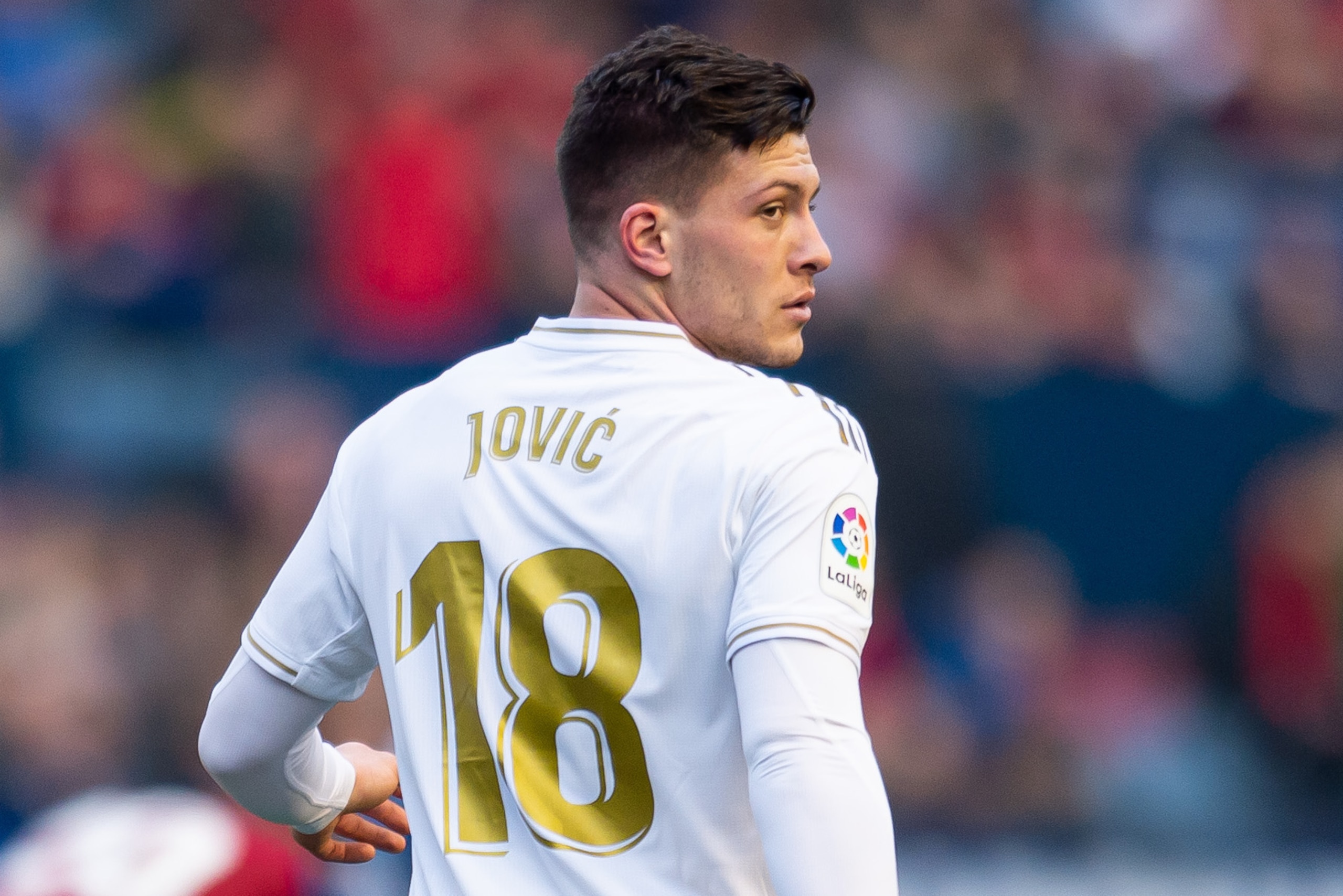 PAMPLONA, SPAIN - FEBRUARY 09: (BILD ZEITUNG OUT) Luka Jovic of Real Madrid looks on during the Liga match between CA Osasuna and Real Madrid CF at El Sadar Stadium on February 09, 2020 in Pamplona, Spain. (Photo by Alejandro/DeFodi Images via Getty Image