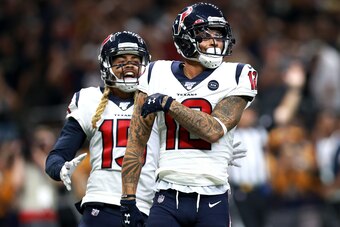 NEW ORLEANS, LOUISIANA - SEPTEMBER 09: Kenny Stills #12 of the Houston Texans celebrates with Will Fuller #15 of the Houston Texans after scoring a touchdwon pass against the New Orleans Saints during a NFL game at the Mercedes Benz Superdome on September