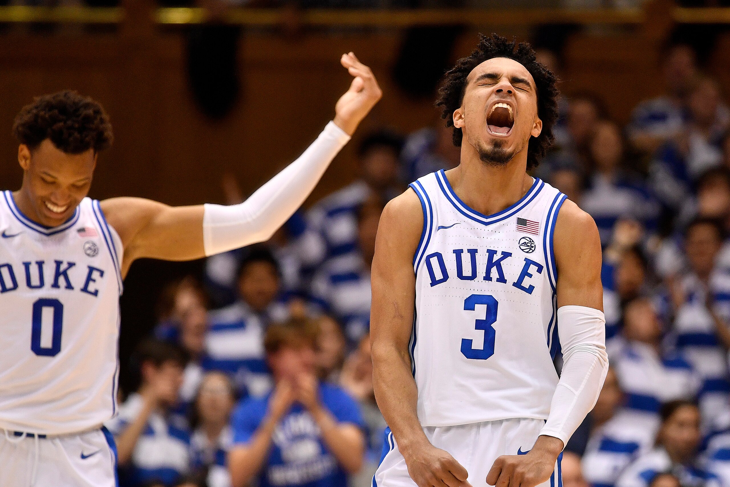 DURHAM, NORTH CAROLINA - MARCH 02: Wendell Moore Jr. #0 and Tre Jones #3 of the Duke Blue Devils react during the second half of their game against the North Carolina State Wolfpack at Cameron Indoor Stadium on March 02, 2020 in Durham, North Carolina. Du DURHAM, NORTH CAROLINA - MARCH 02: Wendell Moore Jr. #0 and Tre Jones #3 of the Duke Blue Devils react during the second half of their game against the North Carolina State Wolfpack at Cameron Indoor Stadium on March 02, 2020 in Durham, North Carolina. Du
