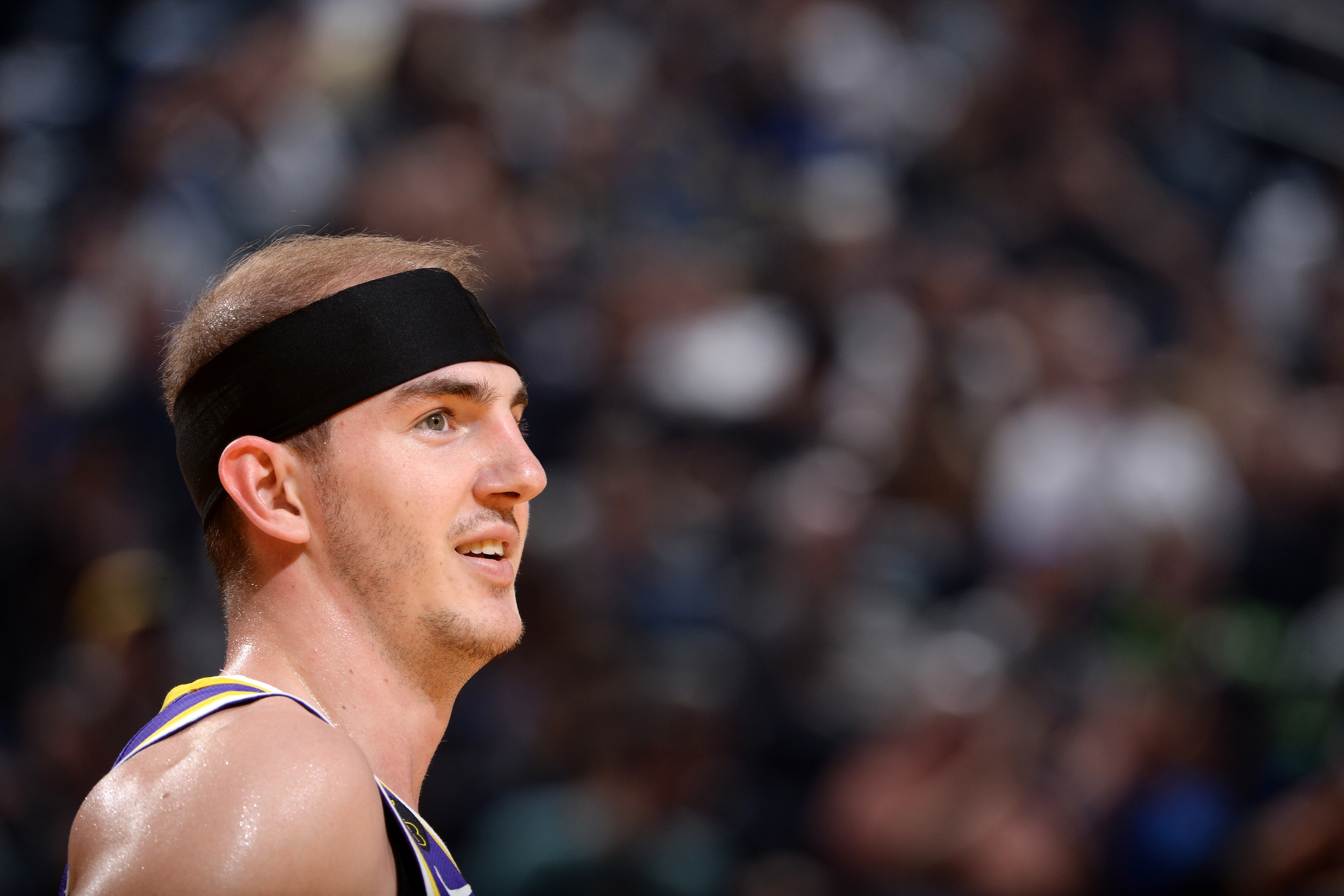 SAN FRANCISCO, CA - FEBRUARY 27: Alex Caruso #4 of the Los Angeles Lakers smiles during a game against the Golden State Warriors on February 27, 2020 at Chase Center in San Francisco, California. NOTE TO USER: User expressly acknowledges and agrees that, 