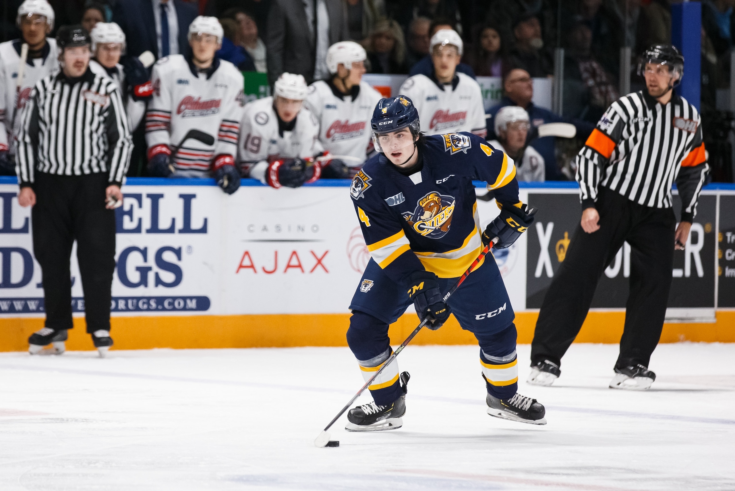 OSHAWA, ON - NOVEMBER 22: Jamie Drysdale #4 of the Erie Otters skates with the puck during an OHL game against the Oshawa Generals at the Tribute Communities Centre on November 22, 2019 in Oshawa, Ontario, Canada. (Photo by Chris Tanouye/Getty Images) OSHAWA, ON - NOVEMBER 22: Jamie Drysdale #4 of the Erie Otters skates with the puck during an OHL game against the Oshawa Generals at the Tribute Communities Centre on November 22, 2019 in Oshawa, Ontario, Canada. (Photo by Chris Tanouye/Getty Images)
