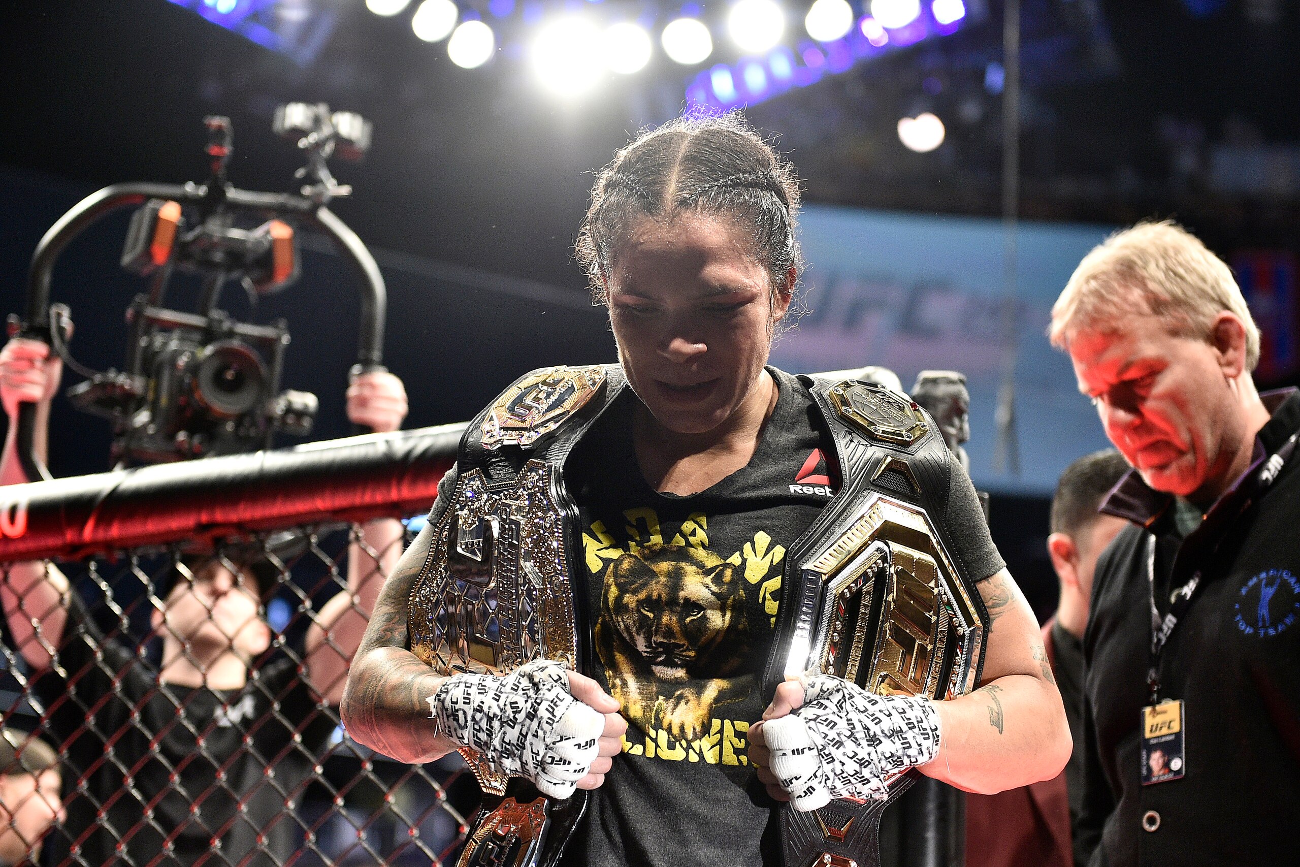 LAS VEGAS, NEVADA - DECEMBER 14:  Amanda Nunes of Brazil celebrates  after defeating Germaine de Randamie of Netherlands in their UFC women's bantamweight championship bout during the UFC 245 event at T-Mobile Arena on December 14, 2019 in Las Vegas, Neva