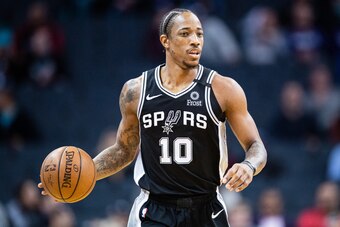 CHARLOTTE, NORTH CAROLINA - MARCH 03: DeMar DeRozan #10 of the San Antonio Spurs during the first quarter during their game against the Charlotte Hornets at Spectrum Center on March 03, 2020 in Charlotte, North Carolina. NOTE TO USER: User expressly ackno