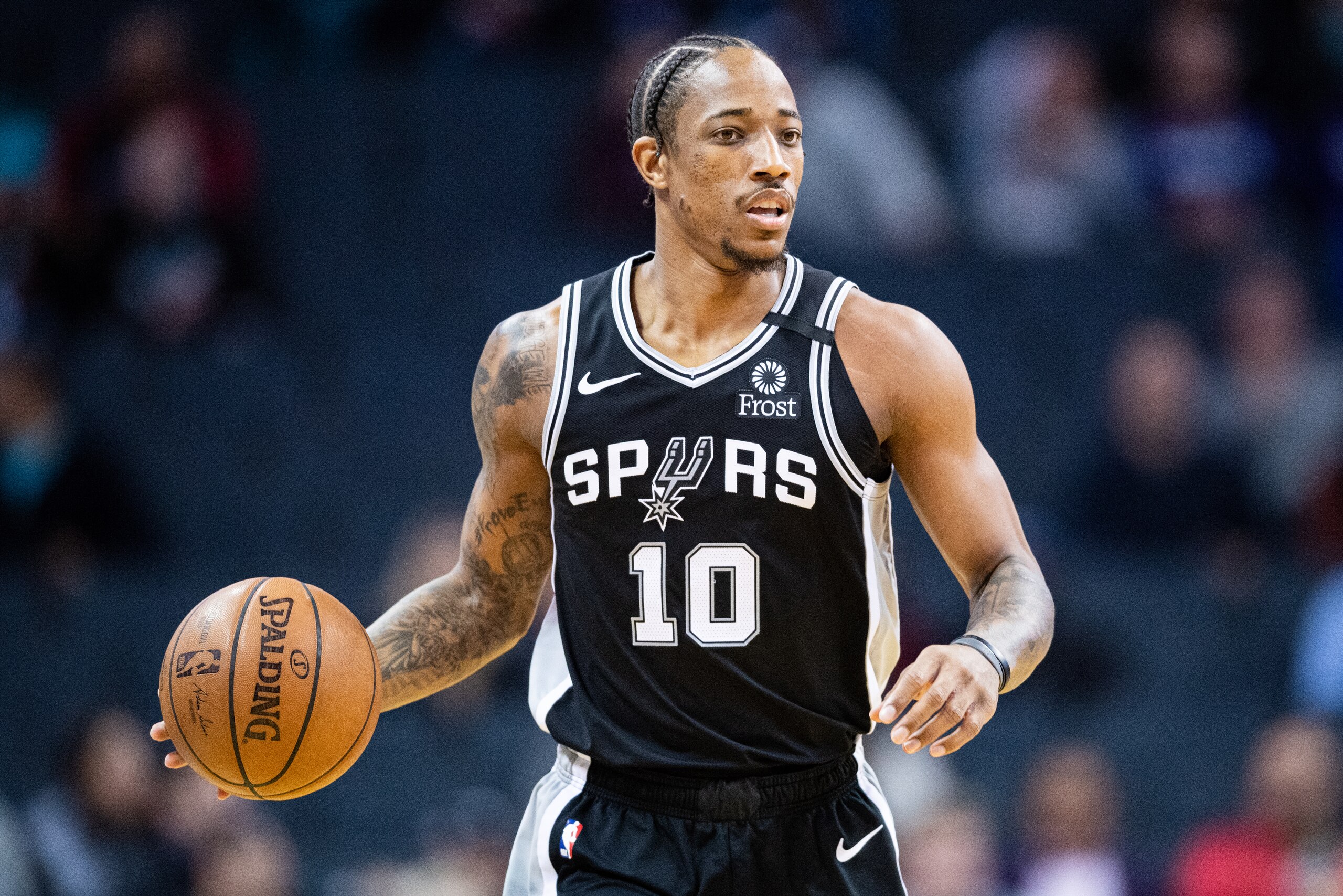 CHARLOTTE, NORTH CAROLINA - MARCH 03: DeMar DeRozan #10 of the San Antonio Spurs during the first quarter during their game against the Charlotte Hornets at Spectrum Center on March 03, 2020 in Charlotte, North Carolina. NOTE TO USER: User expressly ackno CHARLOTTE, NORTH CAROLINA - MARCH 03: DeMar DeRozan #10 of the San Antonio Spurs during the first quarter during their game against the Charlotte Hornets at Spectrum Center on March 03, 2020 in Charlotte, North Carolina. NOTE TO USER: User expressly ackno