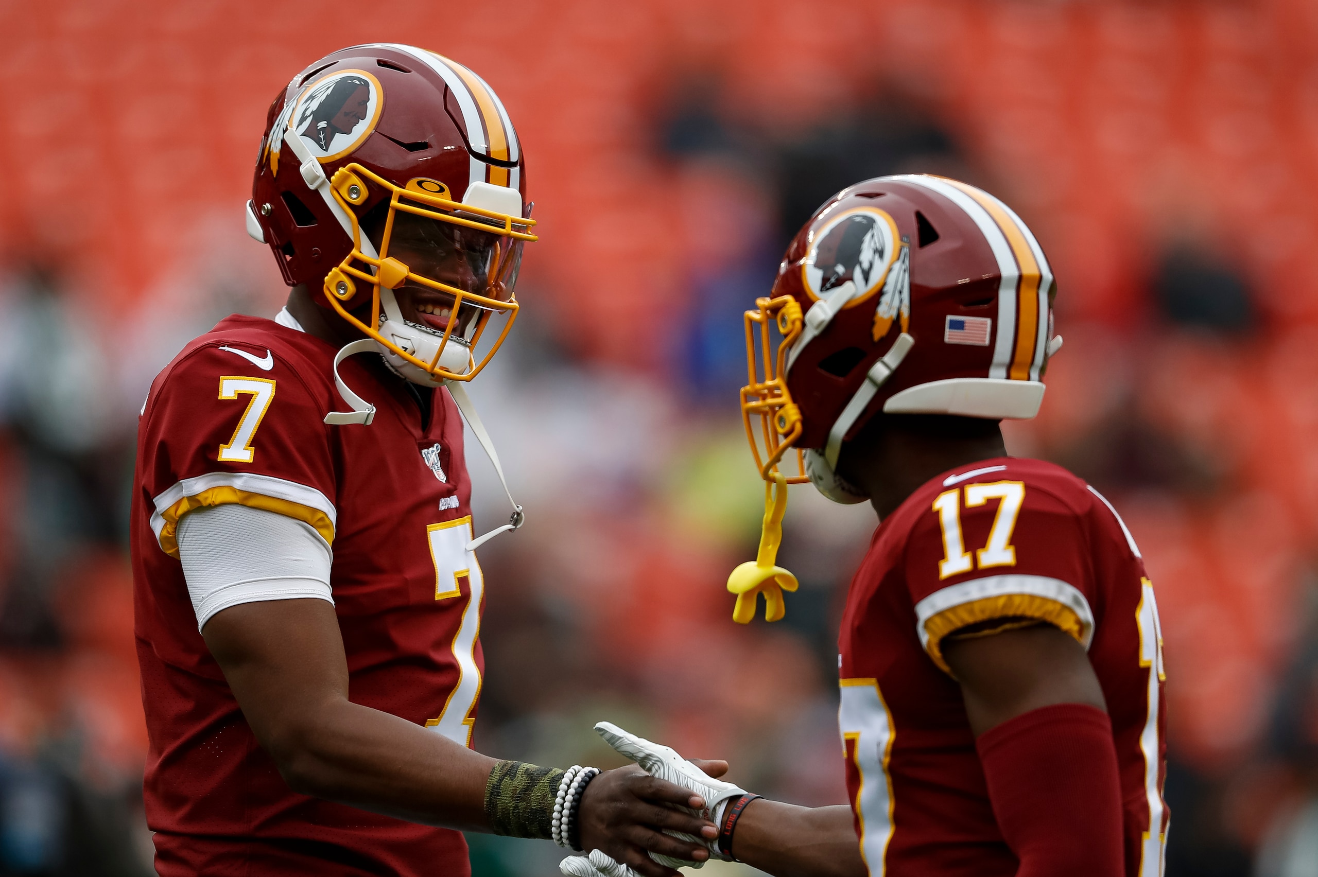 LANDOVER, MD - NOVEMBER 17: Dwayne Haskins #7 and Terry McLaurin #17 of the Washington Redskins shake hands before the game against the New York Jets at FedExField on November 17, 2019 in Landover, Maryland. (Photo by Scott Taetsch/Getty Images)