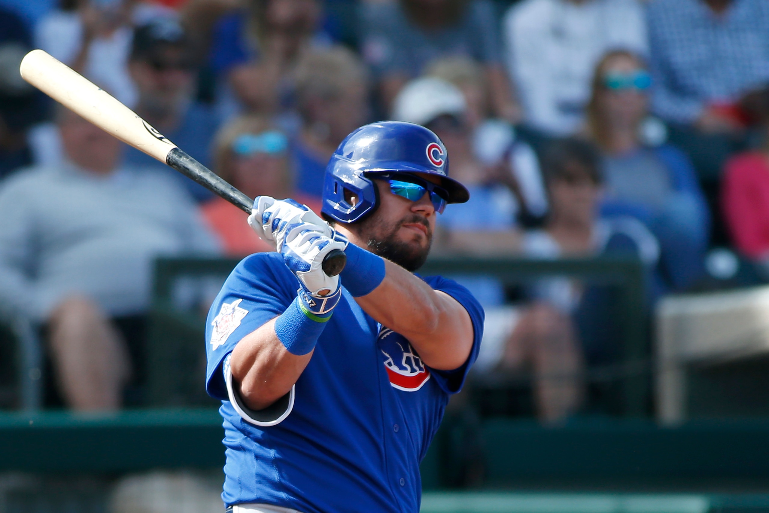 SURPRISE, ARIZONA - FEBRUARY 27: Kyle Schwarber #12 of the Chicago Cubs during an at-bat against the Texas Rangers in the fifth inning of a Cactus League spring training game at Surprise Stadium on February 27, 2020 in Surprise, Arizona. (Photo by Ralph F