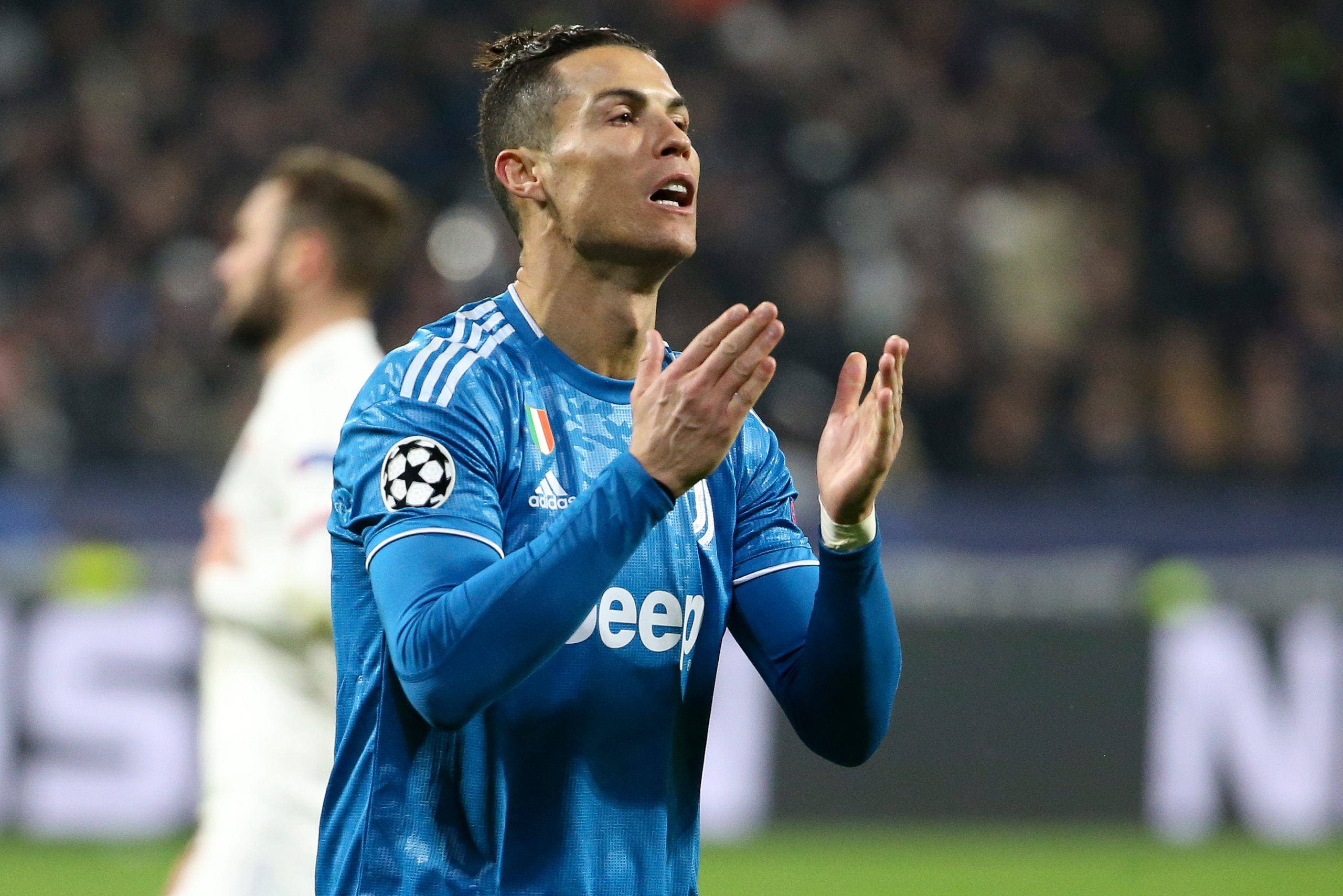 LYON, FRANCE - FEBRUARY 26: Cristiano Ronaldo of Juventus reacts after missing a goal during the UEFA Champions League round of 16 first leg match between Olympique Lyonnais (OL) and Juventus at Groupama Stadium on February 26, 2020 in Decines near Lyon, 