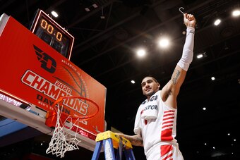 DAYTON, OH - MARCH 07: Obi Toppin #1 of the Dayton Flyers celebrates after the game against the George Washington Colonials at UD Arena on March 7, 2020 in Dayton, Ohio. Dayton defeated George Washington 76-51 and won the Atlantic 10 Conference regular se