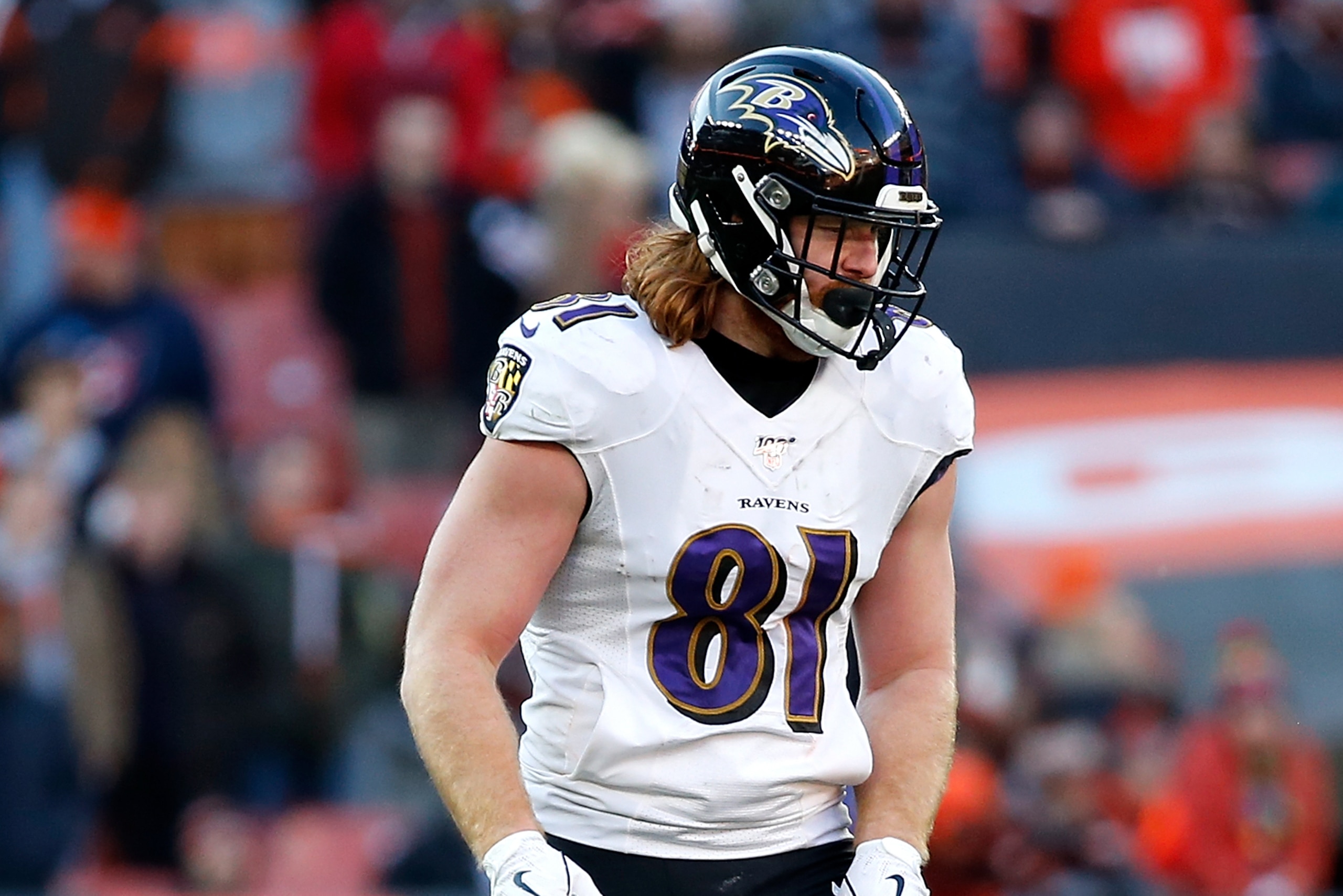 CLEVELAND, OH - DECEMBER 22:  Hayden Hurst #81 of the Baltimore Ravens lines up for a play during the game against the Cleveland Browns at FirstEnergy Stadium on December 22, 2019 in Cleveland, Ohio. Baltimore defeated Cleveland 31-15. (Photo by Kirk Irwi