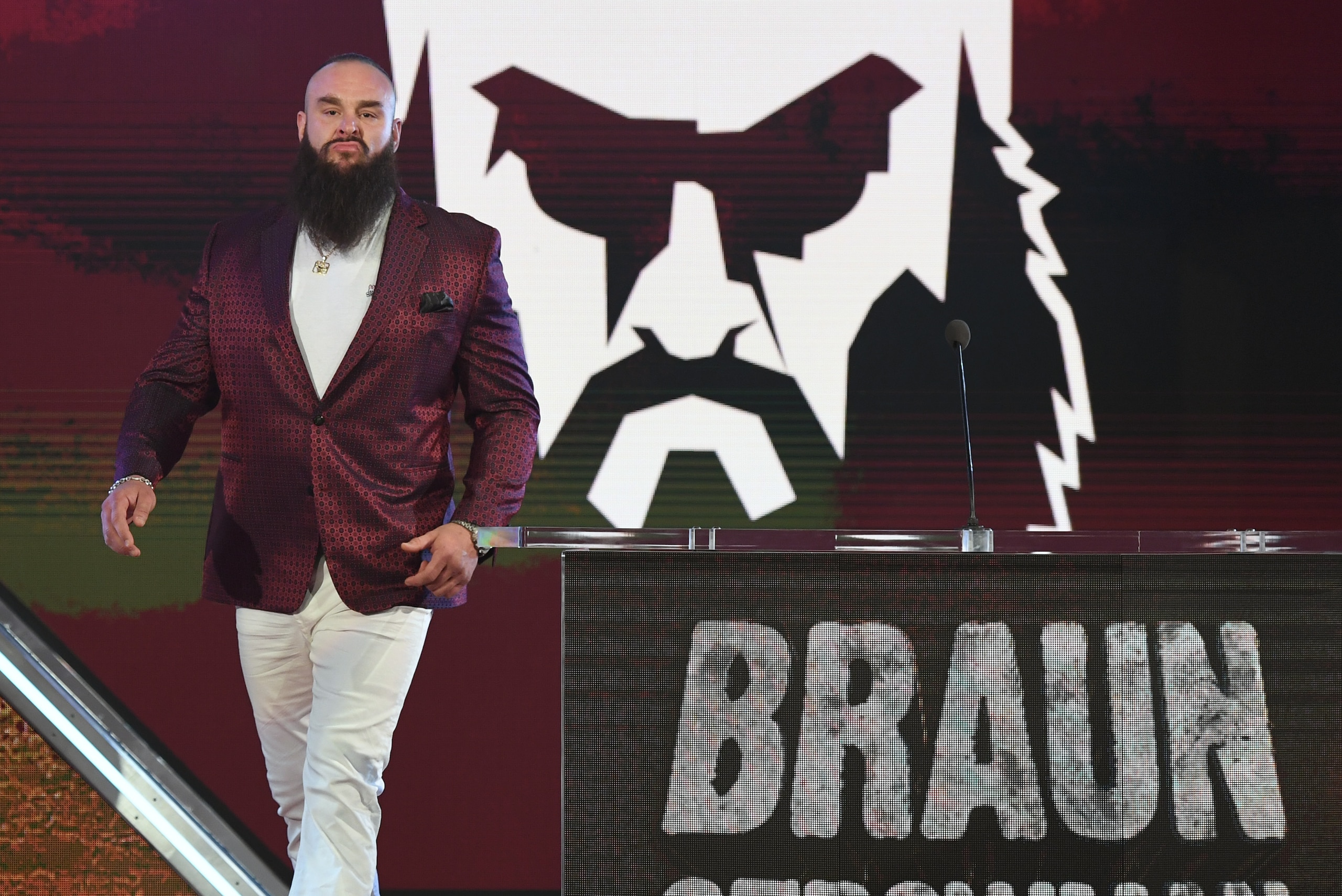 LAS VEGAS, NEVADA - OCTOBER 11: WWE wrestler Braun Strowman is introduced at a WWE news conference at T-Mobile Arena on October 11, 2019 in Las Vegas, Nevada. Strowman will face heavyweight boxer Tyson Fury and WWE champion Brock Lesnar will take on form LAS VEGAS, NEVADA - OCTOBER 11: WWE wrestler Braun Strowman is introduced at a WWE news conference at T-Mobile Arena on October 11, 2019 in Las Vegas, Nevada. Strowman will face heavyweight boxer Tyson Fury and WWE champion Brock Lesnar will take on form