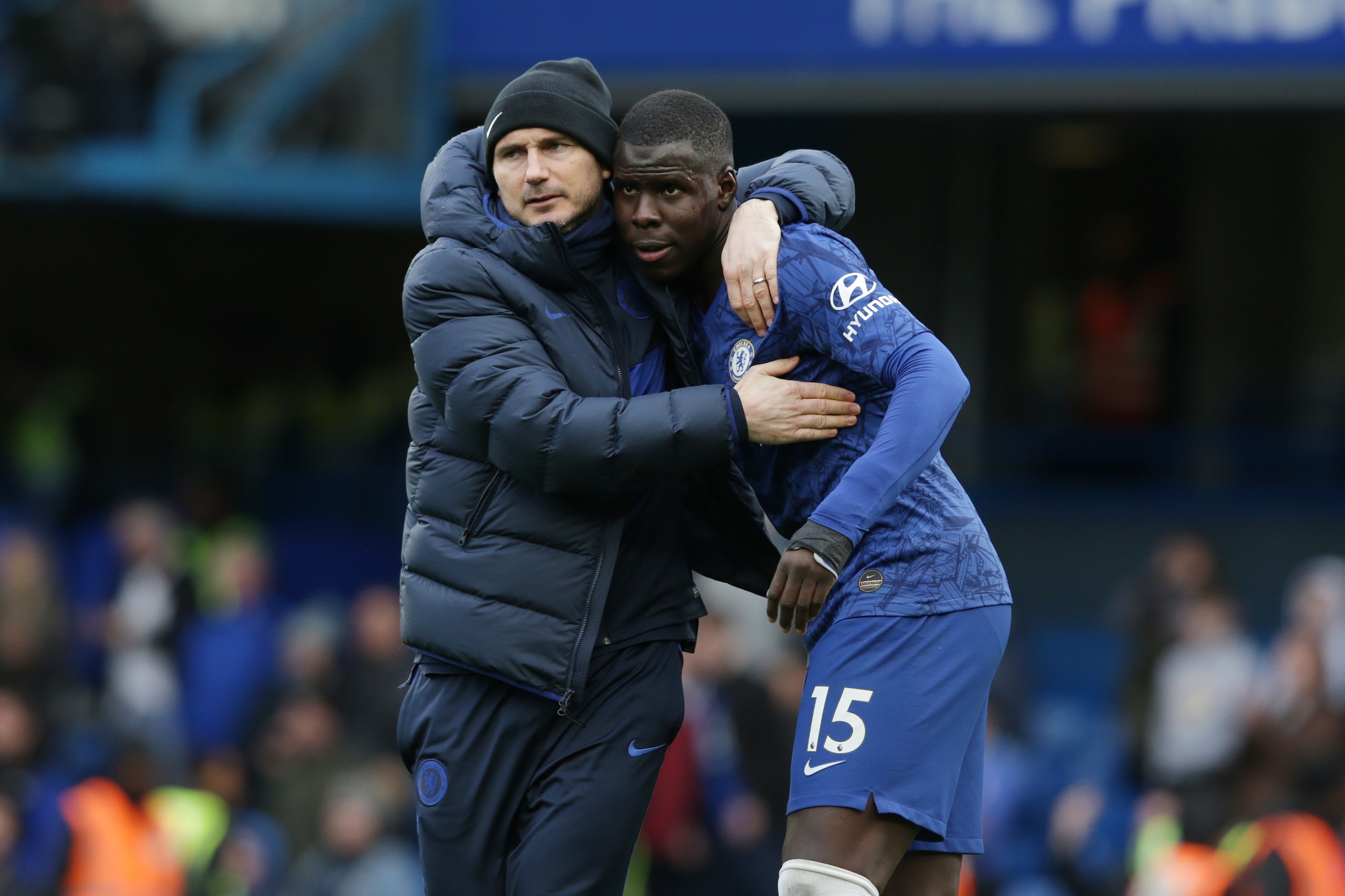 LONDON, ENGLAND - MARCH 08: Frank Lampard and Kurt Zouma of Chelsea after their sides 4-0 win during the Premier League match between Chelsea FC and Everton FC at Stamford Bridge on March 08, 2020 in London, United Kingdom. (Photo by Robin Jones/Getty Ima