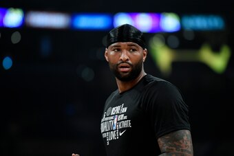 LOS ANGELES, CA - FEBRUARY 21: DeMarcus Cousins #15 of the Los Angeles Lakers works out prior to the start of a basketball game against the Memphis Grizzlies at Staples Center on February 21, 2020 in Los Angeles, California. NOTE TO USER: User expressly a