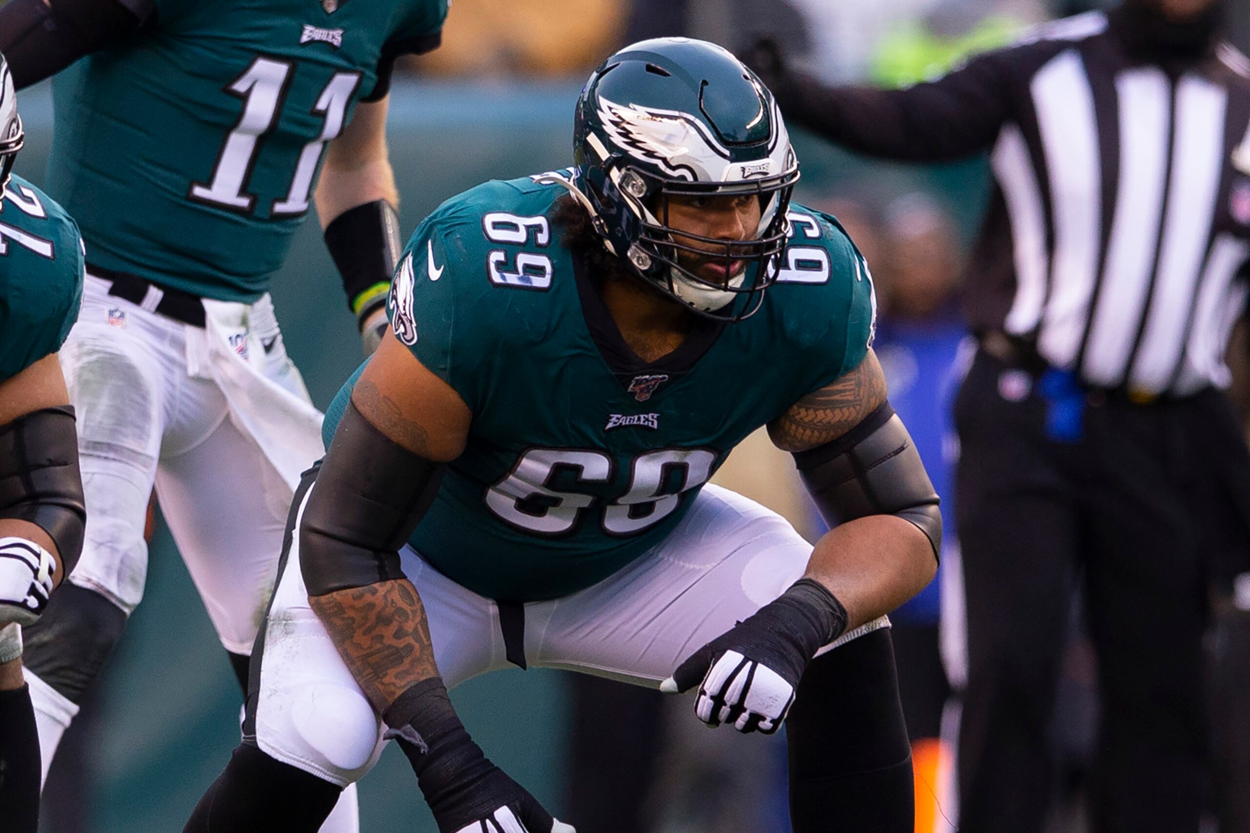 PHILADELPHIA, PA - NOVEMBER 24: Halapoulivaati Vaitai #72 and Matt Pryor #69 of the Philadelphia Eagles in action against the Seattle Seahawks at Lincoln Financial Field on November 24, 2019 in Philadelphia, Pennsylvania. (Photo by Mitchell Leff/Getty Ima