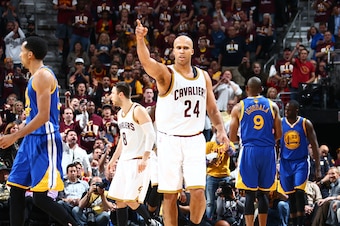 CLEVELAND, OH - JUNE 8:  Richard Jefferson #24 of the Cleveland Cavaliers celebrates during the game against the Golden State Warriors in Game Three of the 2016 NBA Finals between the Golden State Warriors and the Cleveland Cavaliers on June 8, 2016 at Qu