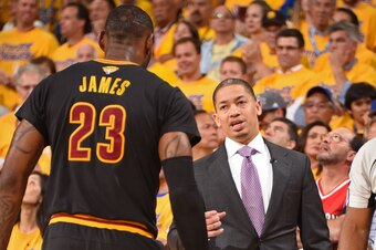 OAKLAND, CA - JUNE 13:  Head coach Tyronn Lue and LeBron James #23 of the Cleveland Cavaliers talk during the game against the Golden State Warriors in Game Five of the 2016 NBA Finals on June 13, 2016 at ORACLE Arena in Oakland, California. NOTE TO USER:
