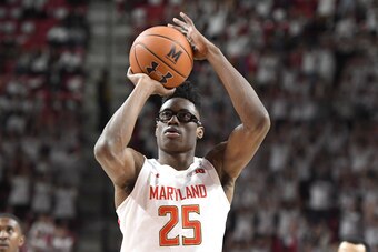 COLLEGE PARK, MD - MARCH 08:  Jalen Smith #25 of the Maryland Terrapins takes a foul shot during a college basketball game against the Michigan Wolverines at the Xfinity Center on March 8, 2020 in College Park, Maryland.  (Photo by Mitchell Layton/Getty I