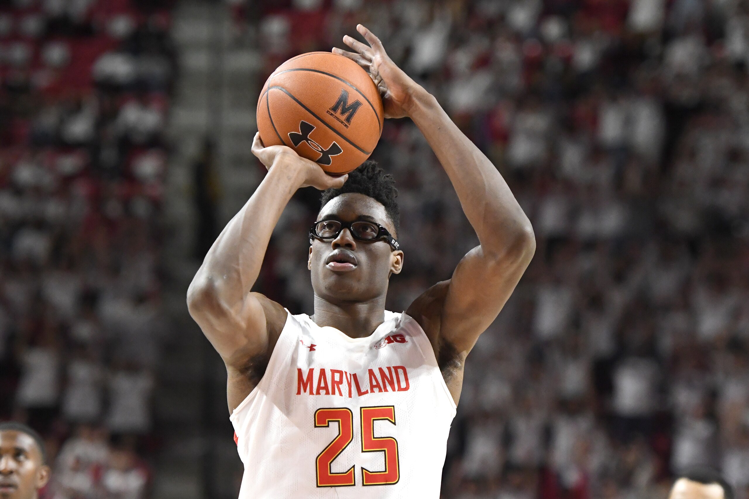 COLLEGE PARK, MD - MARCH 08:  Jalen Smith #25 of the Maryland Terrapins takes a foul shot during a college basketball game against the Michigan Wolverines at the Xfinity Center on March 8, 2020 in College Park, Maryland.  (Photo by Mitchell Layton/Getty I