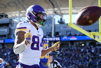 CARSON, CALIFORNIA - DECEMBER 15:  Irv Smith #84 of the Minnesota Vikings celebrates his touchdown catch against the Los Angeles Chargers, to take a 6-0 lead, during the first quarter at Dignity Health Sports Park on December 15, 2019 in Carson, Californi