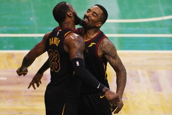 BOSTON, MA - MAY 27:  LeBron James #23 of the Cleveland Cavaliers celebrates with JR Smith #5 in the second half against the Boston Celtics during Game Seven of the 2018 NBA Eastern Conference Finals at TD Garden on May 27, 2018 in Boston, Massachusetts. 