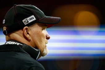 ATLANTA, GA - DECEMBER 22: Head coach Dan Quinn of the Atlanta Falcons watches on in the second half of an NFL game against the Jacksonville Jaguars at Mercedes-Benz Stadium on December 22, 2019 in Atlanta, Georgia. (Photo by Todd Kirkland/Getty Images)