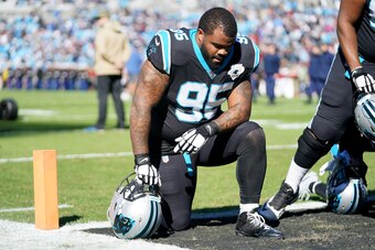 CHARLOTTE, NORTH CAROLINA - NOVEMBER 17: Dontari Poe #95 of the Carolina Panthers before their game against the Atlanta Falcons at Bank of America Stadium on November 17, 2019 in Charlotte, North Carolina. (Photo by Jacob Kupferman/Getty Images)